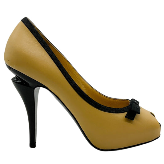 Chanel Beige Leather Peep Toe Pulps with Black Grosgrain Trim