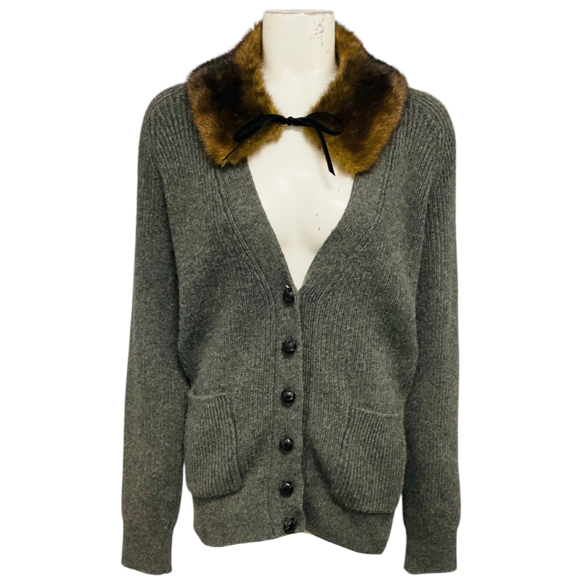 Saint Laurent Grey Faux Fur Collared Camel Hair Knit Cardigan Sweater