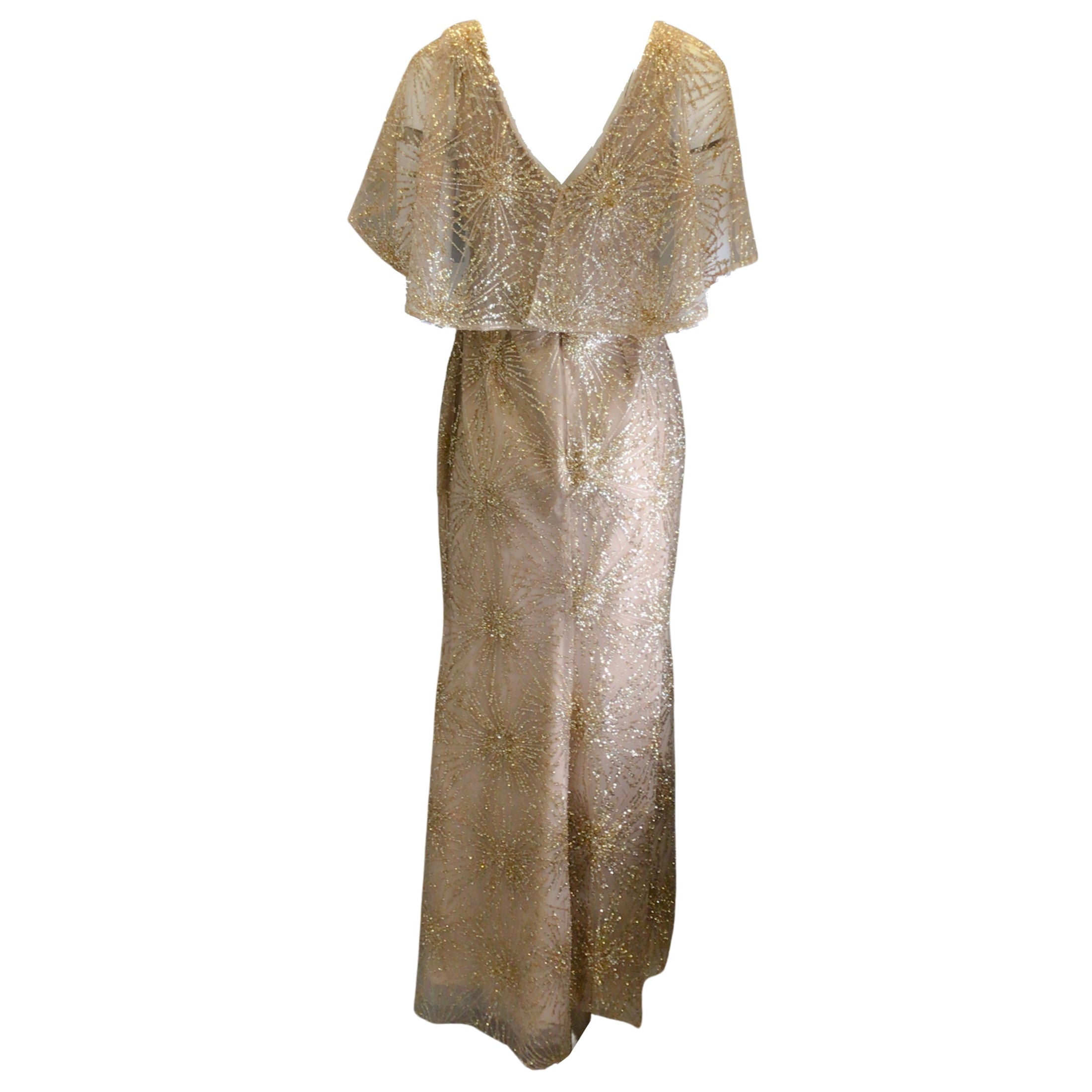 Marchesa Notte Gold Metallic / Beige Embellished Mesh Tulle Front Slit Gown / Formal Dress