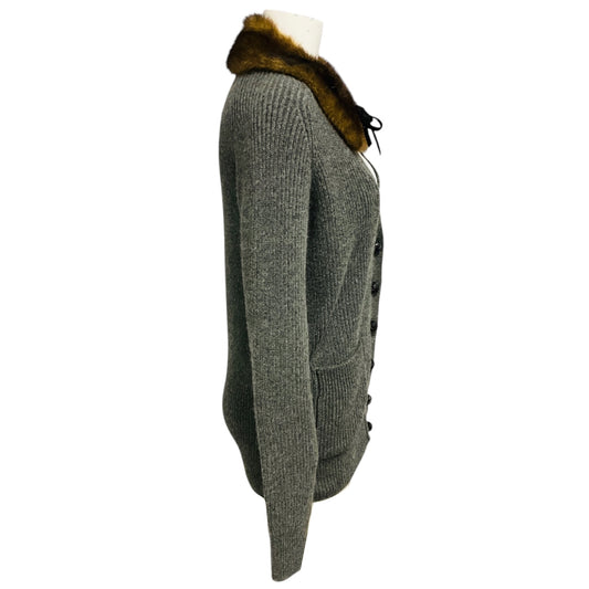 Saint Laurent Grey Faux Fur Collared Camel Hair Knit Cardigan Sweater