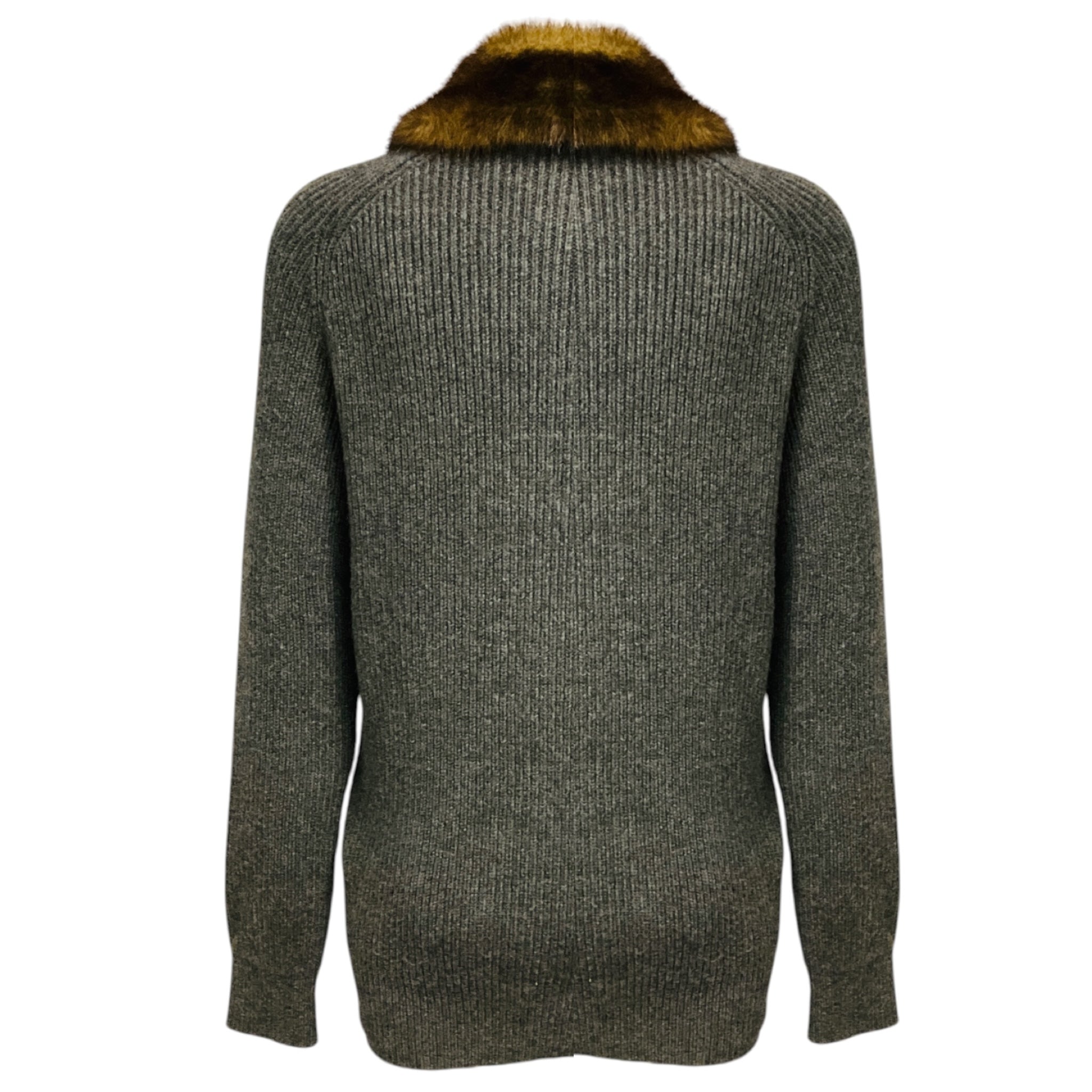 Saint Laurent Grey Faux Fur Collared Camel Hair Knit Cardigan Sweater
