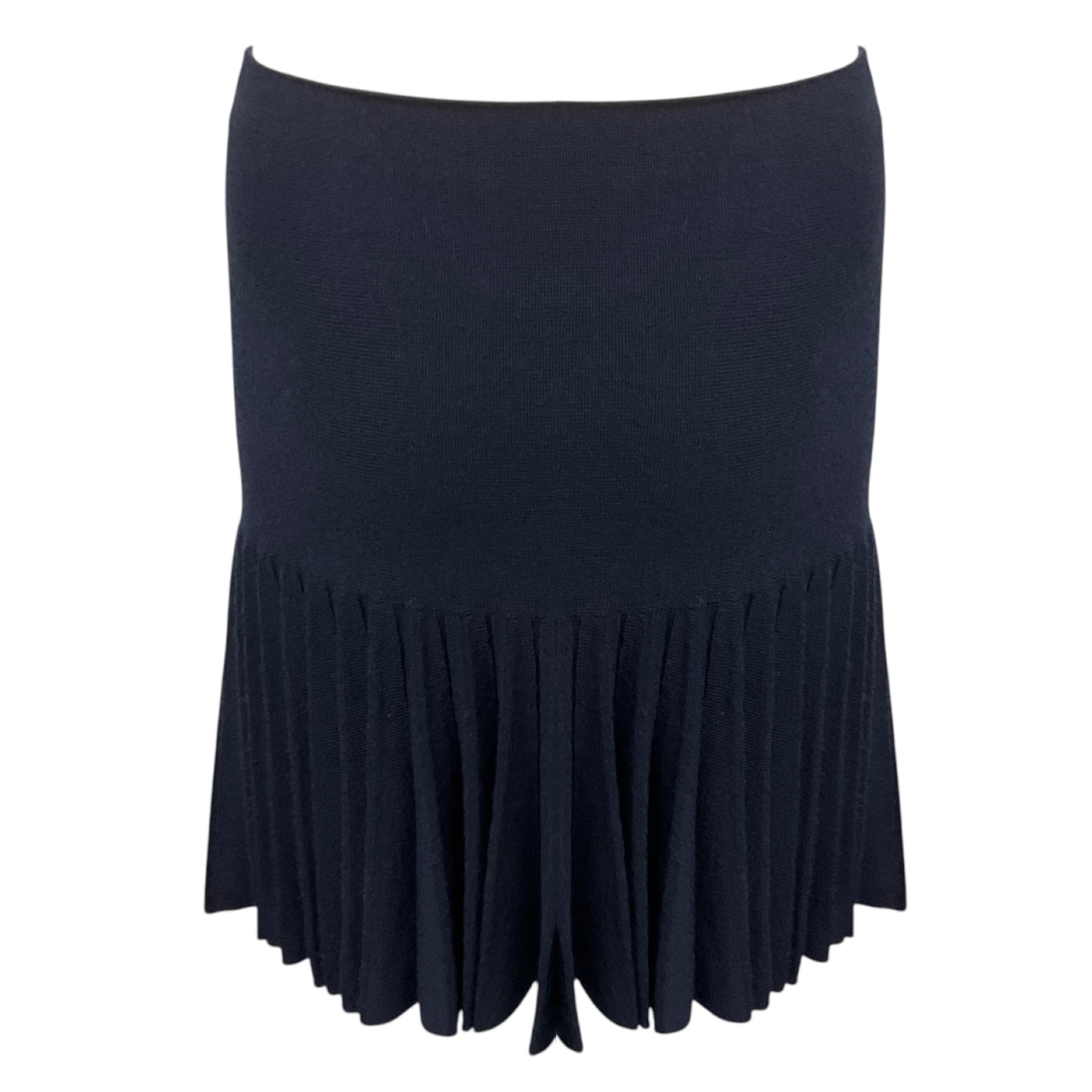 Chanel Navy Blue Pleated Wool and Cashmere Knit Skirt with CC Logo Globe Plate