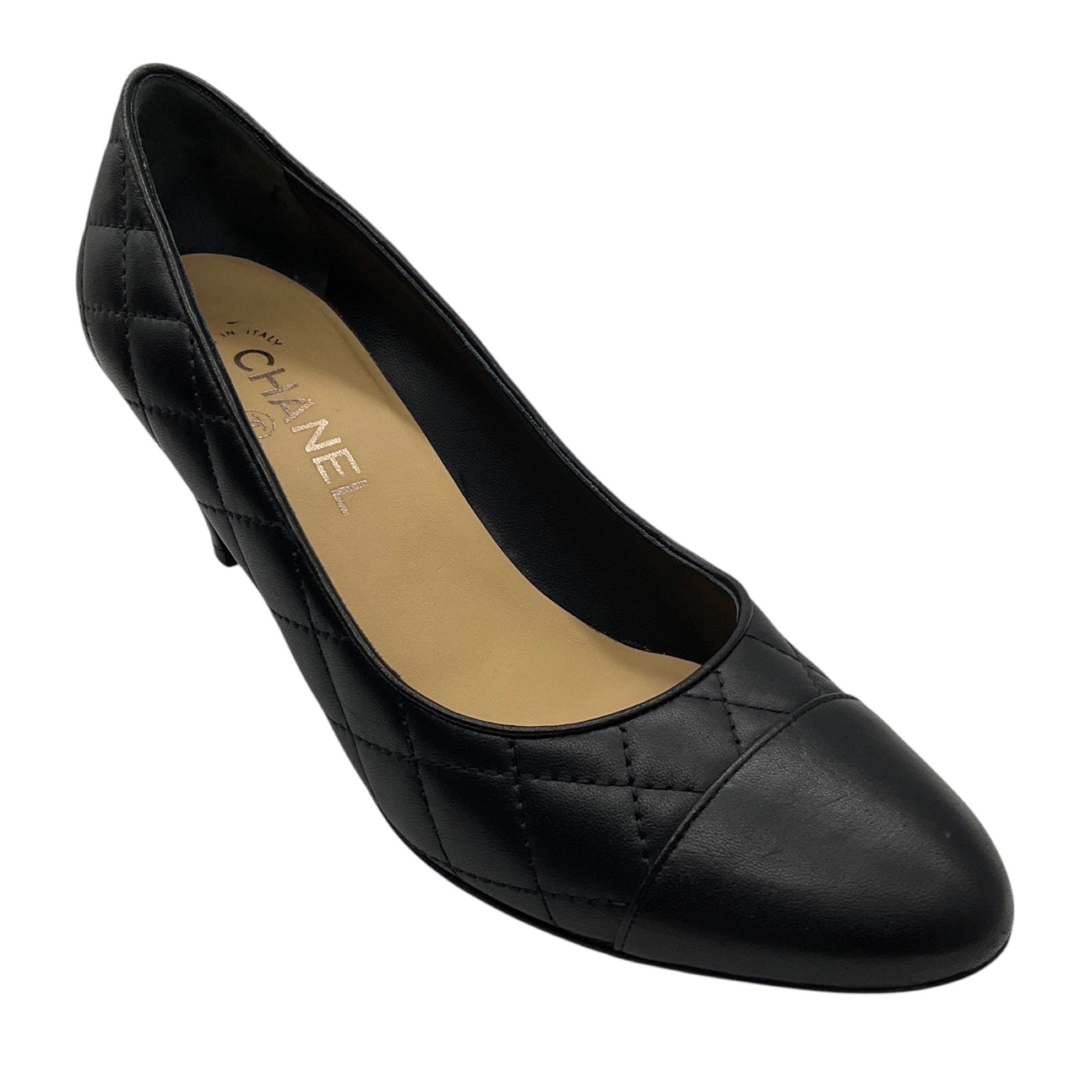 Chanel Black 2014 Classic Quilted Matelasse Leather Cap Toe CC Logo Pumps