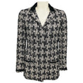 Load image into Gallery viewer, Chanel 2005 Navy Blue / White / Black Lambskin Leather Trimmed Fringed Houndstooth Metallic Tweed Jacket with CC Logo Buttons

