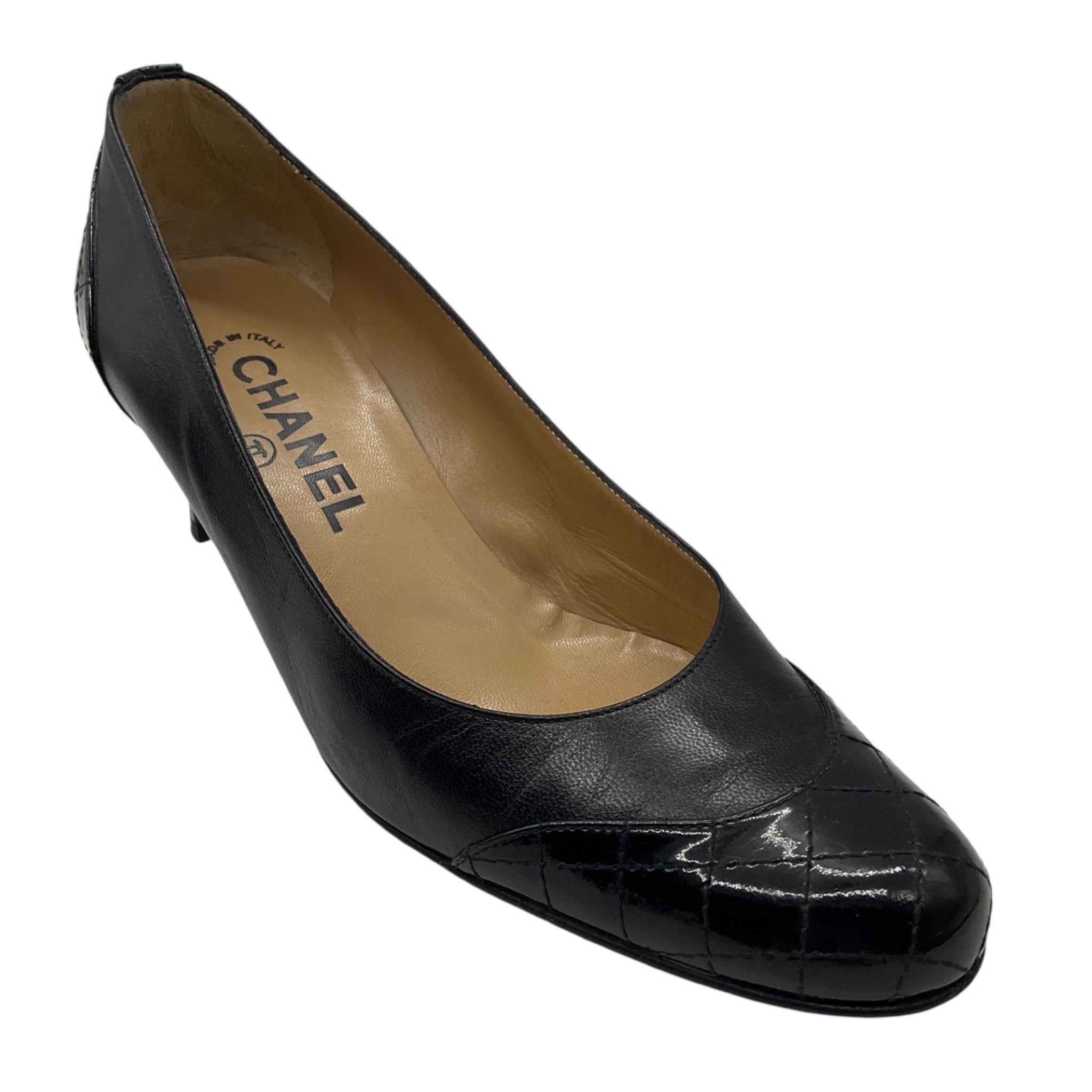 Chanel Vintage Black Quilted Patent Leather Cap Toe Leather Pumps with CC Logo