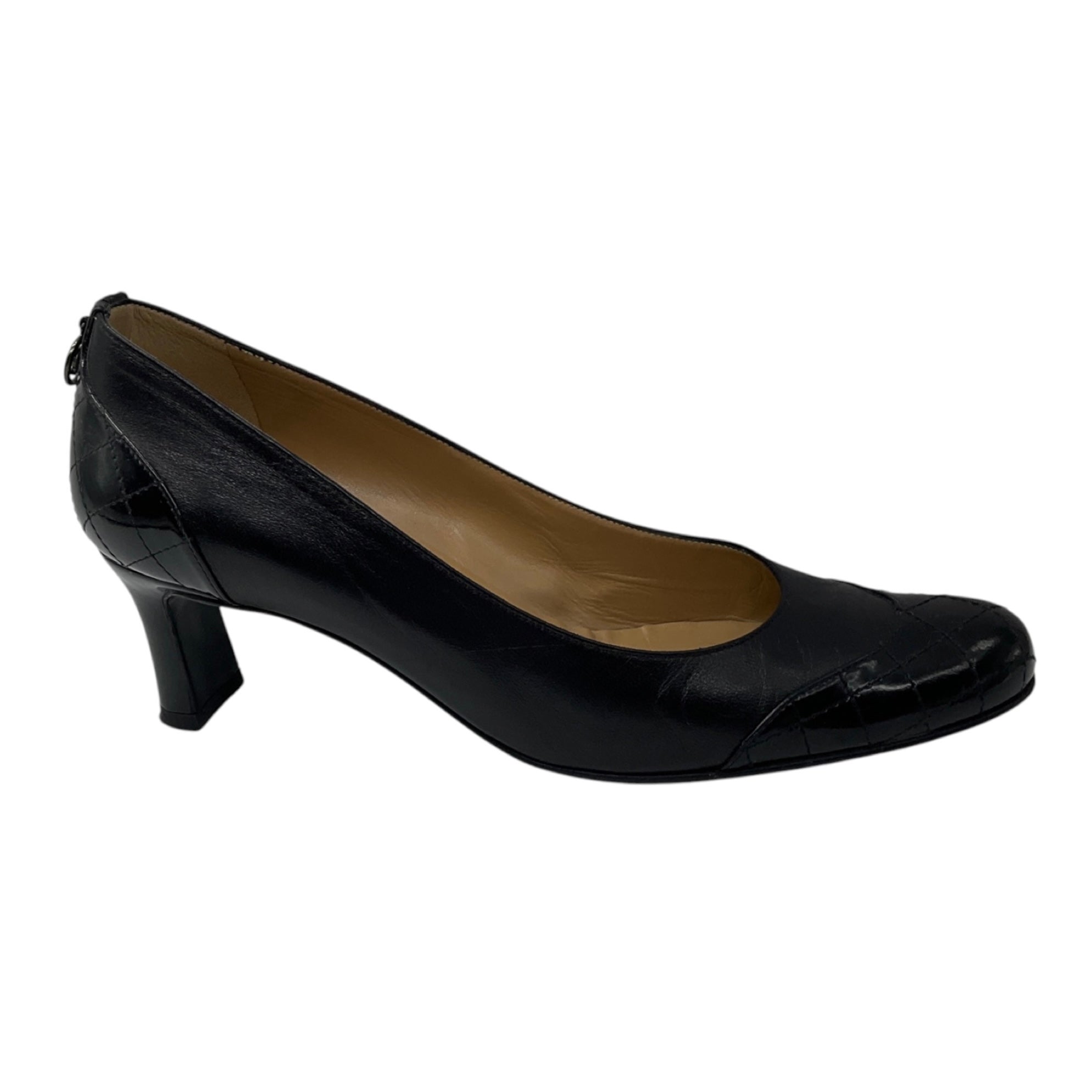 Chanel Vintage Black Quilted Patent Leather Cap Toe Leather Pumps with CC Logo