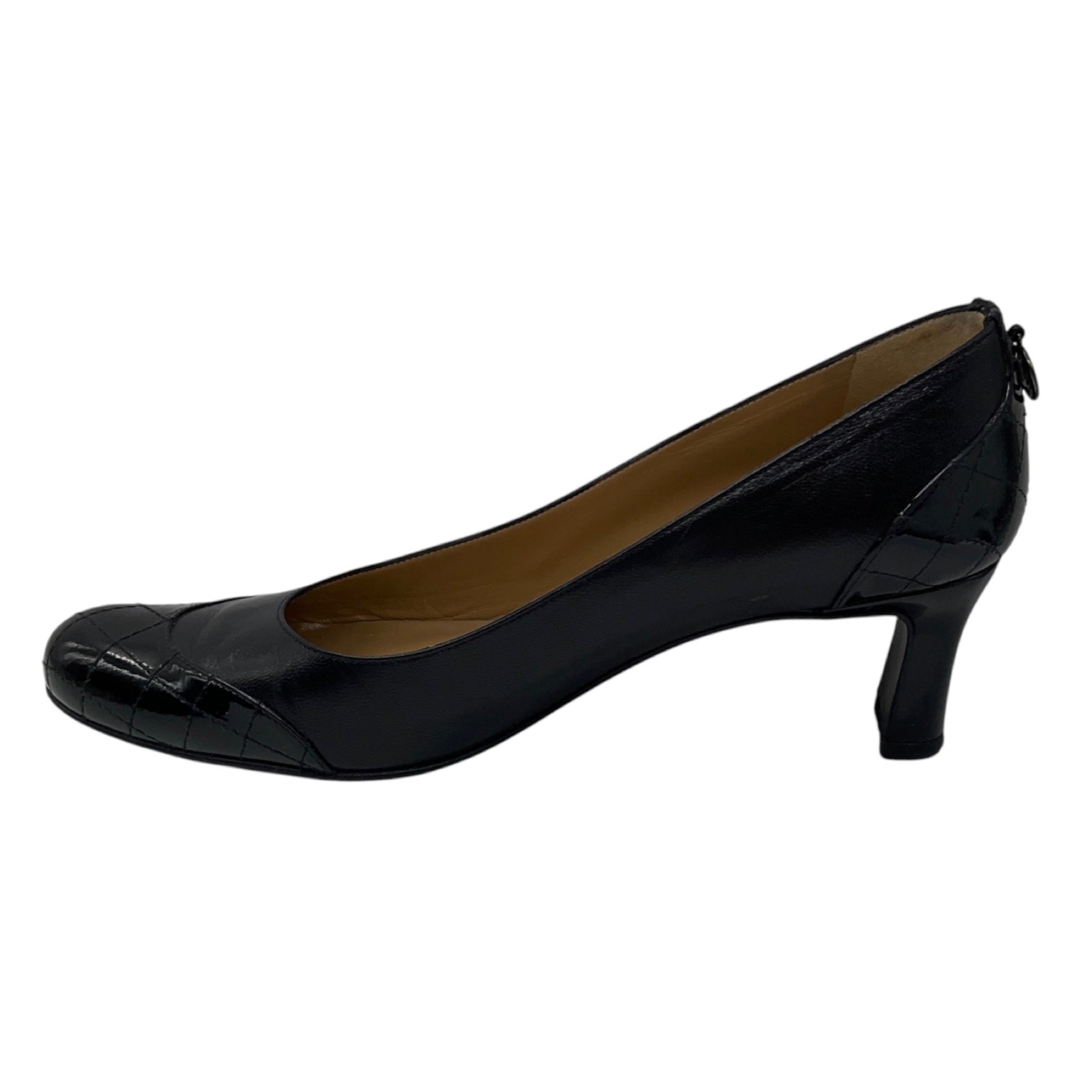 Chanel Vintage Black Quilted Patent Leather Cap Toe Leather Pumps with CC Logo