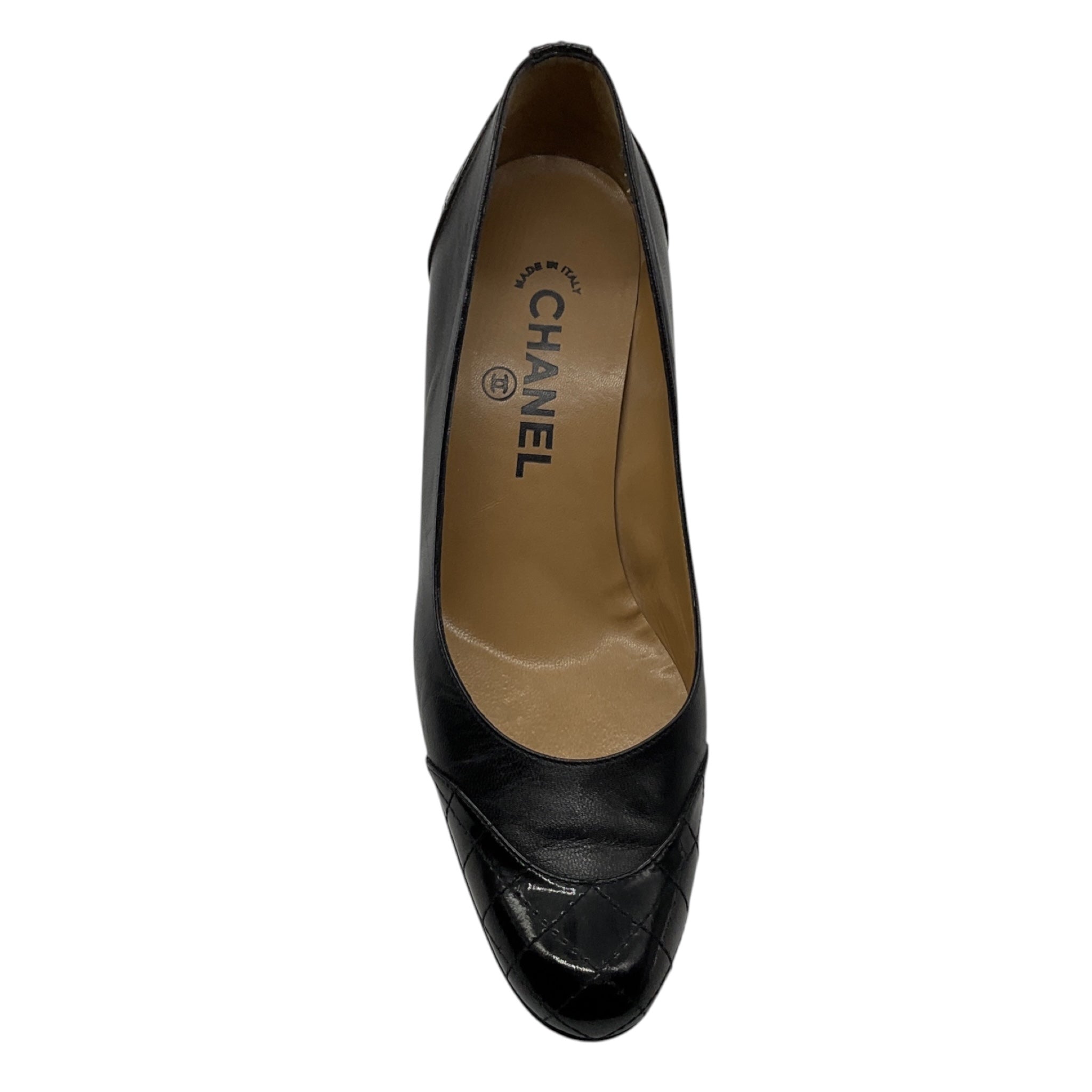 Chanel Vintage Black Quilted Patent Leather Cap Toe Leather Pumps with CC Logo