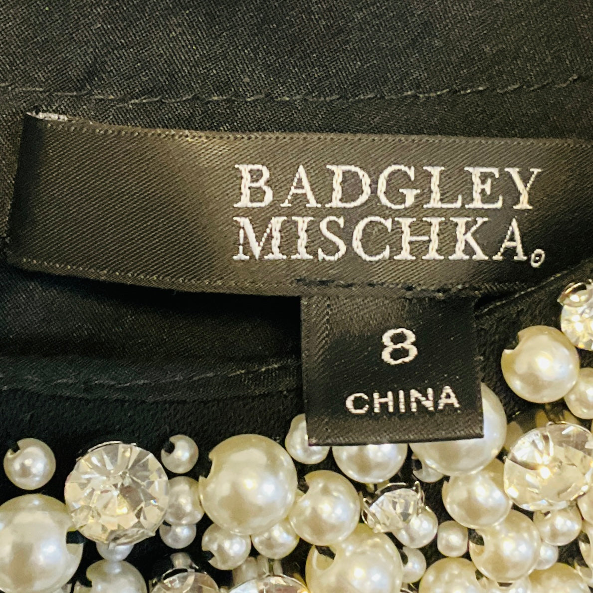 Badgley Mischka Black Pearl and Crystal Embellished Long Sleeved Midi Cocktail Dress