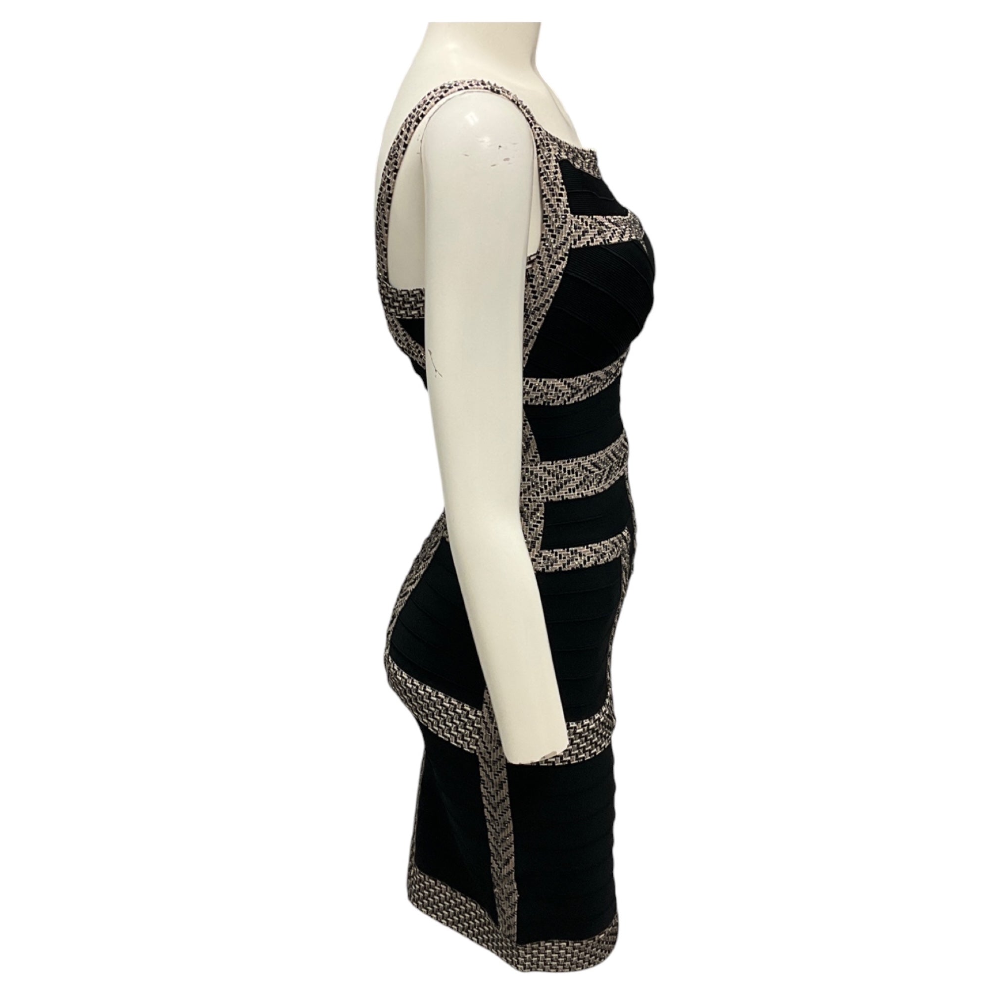 Herve Leger Black Bead Embellished Stretch Knit Bandage Cocktail Dress