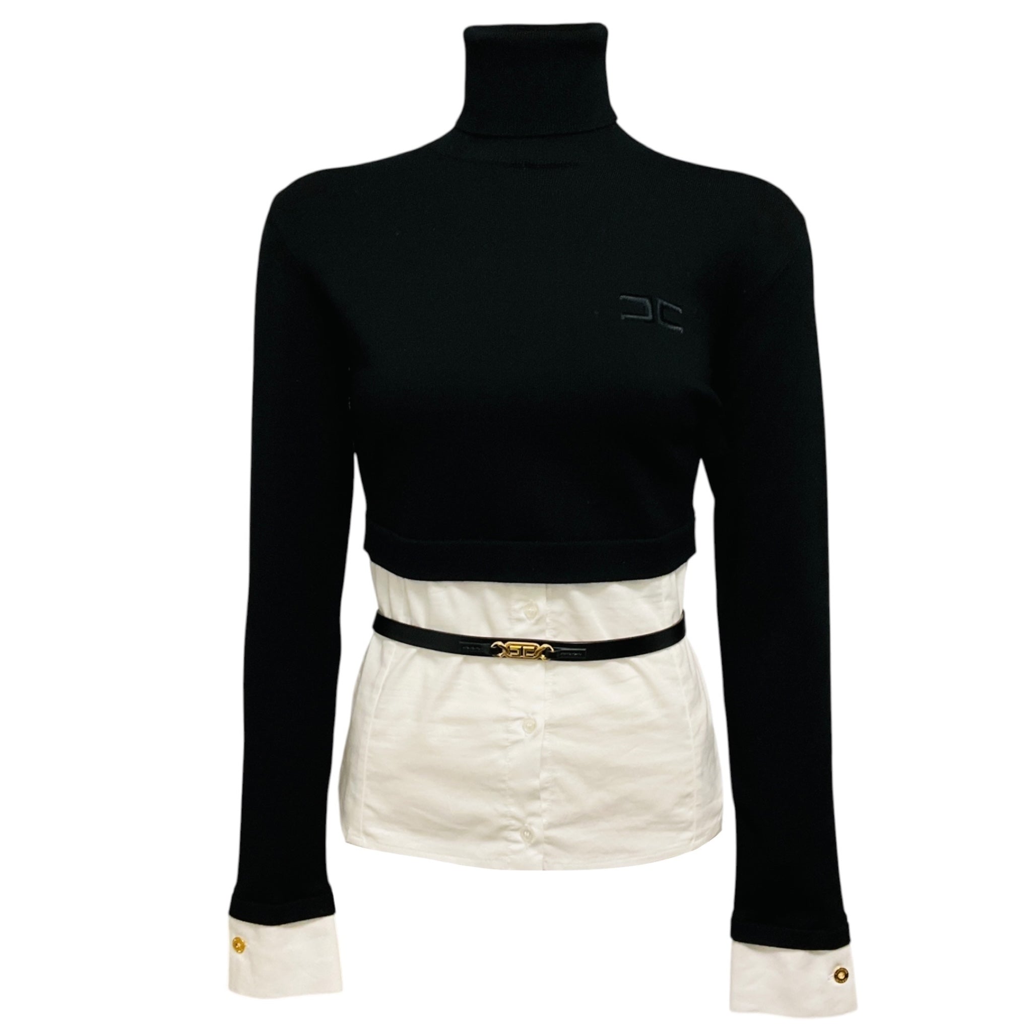 Elisabetta Franchi Black / White Viscose Knit Turtleneck Sweater Top with Cotton Poplin Hem and Belt