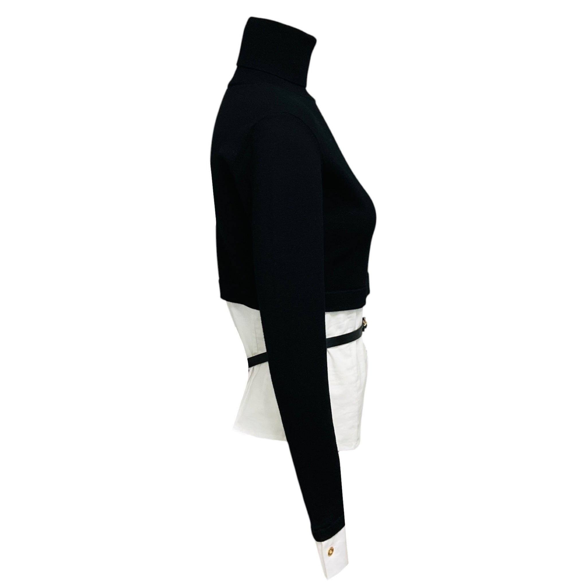 Elisabetta Franchi Black / White Viscose Knit Turtleneck Sweater Top with Cotton Poplin Hem and Belt