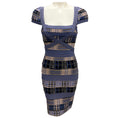 Load image into Gallery viewer, Herve Leger Blue / Taupe Cap Sleeved Stretch Knit Bandage Cocktail Dress

