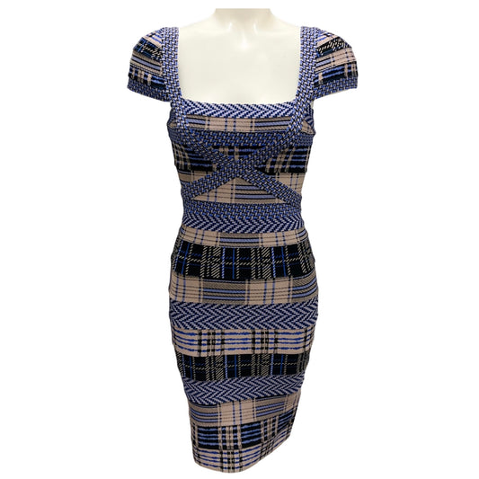 Herve Leger Blue / Taupe Cap Sleeved Stretch Knit Bandage Cocktail Dress