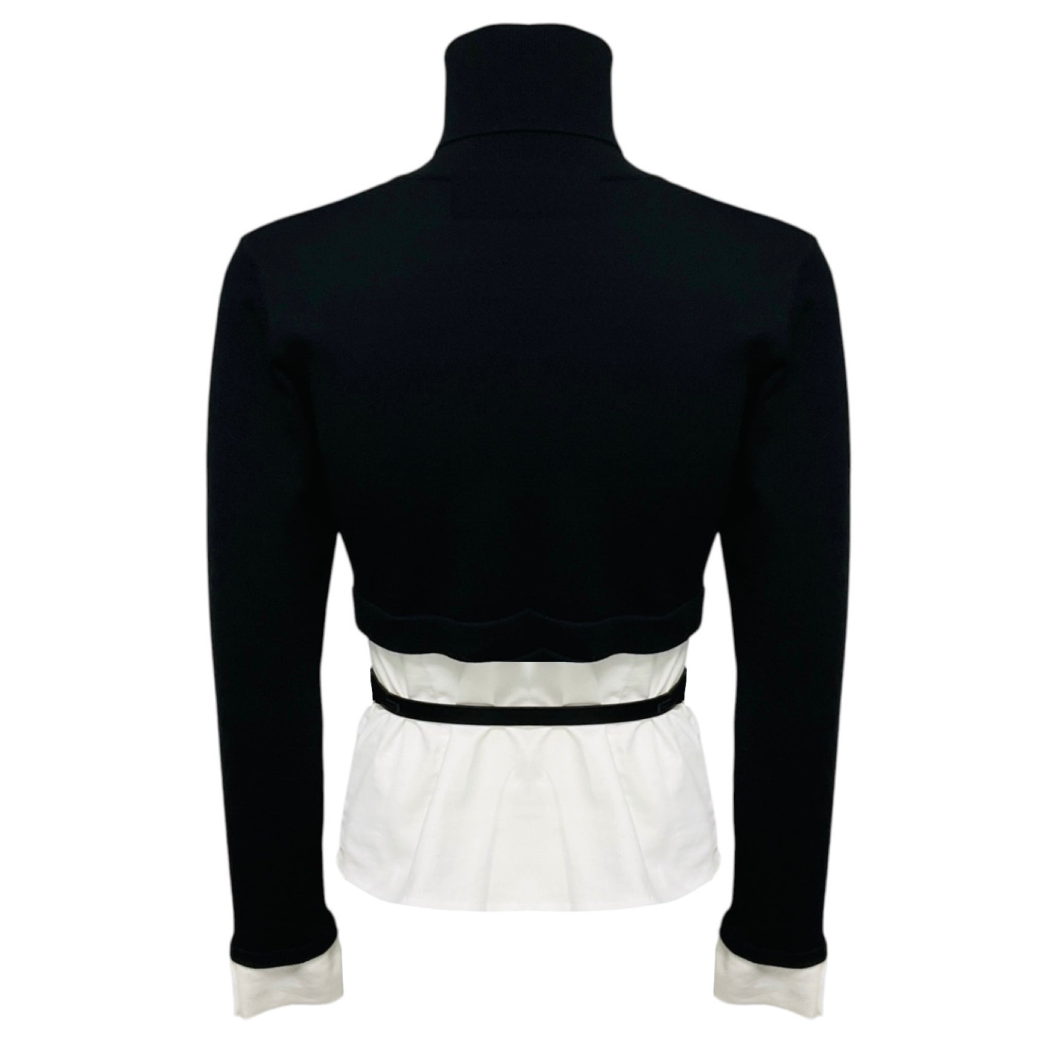 Elisabetta Franchi Black / White Viscose Knit Turtleneck Sweater Top with Cotton Poplin Hem and Belt
