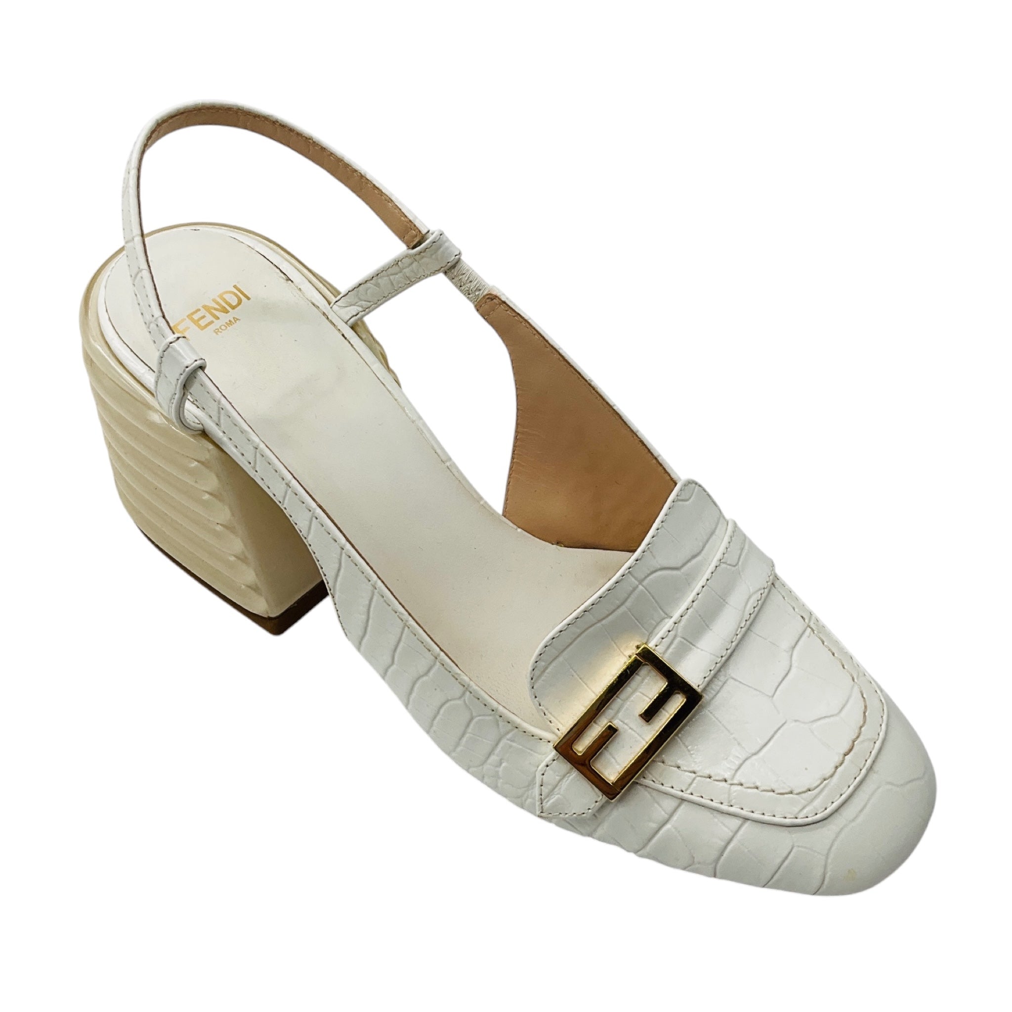 Fendi White / Gold FF Logo Plaque Croc Embossed Leather Block Heel Slingback Pumps