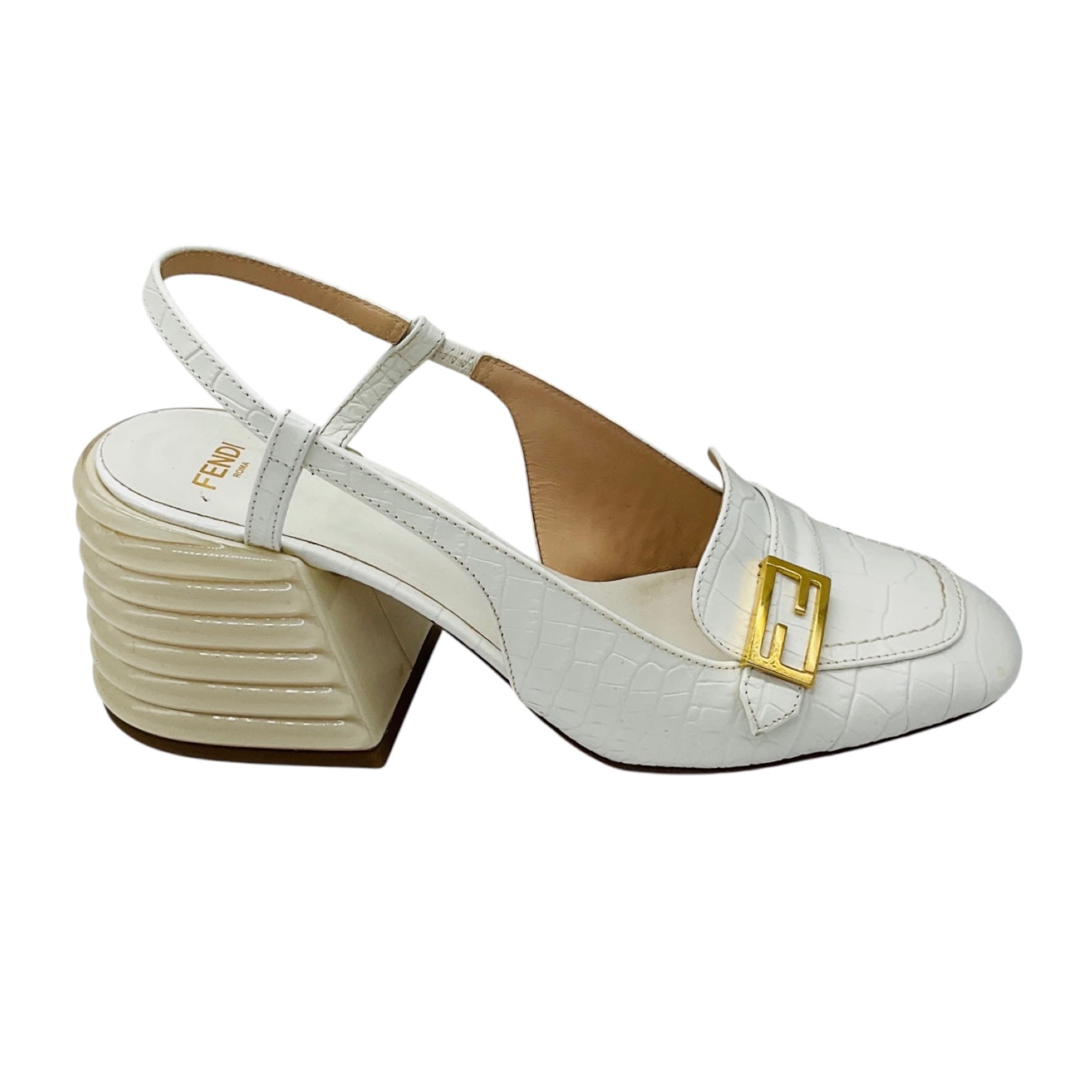 Fendi White / Gold FF Logo Plaque Croc Embossed Leather Block Heel Slingback Pumps