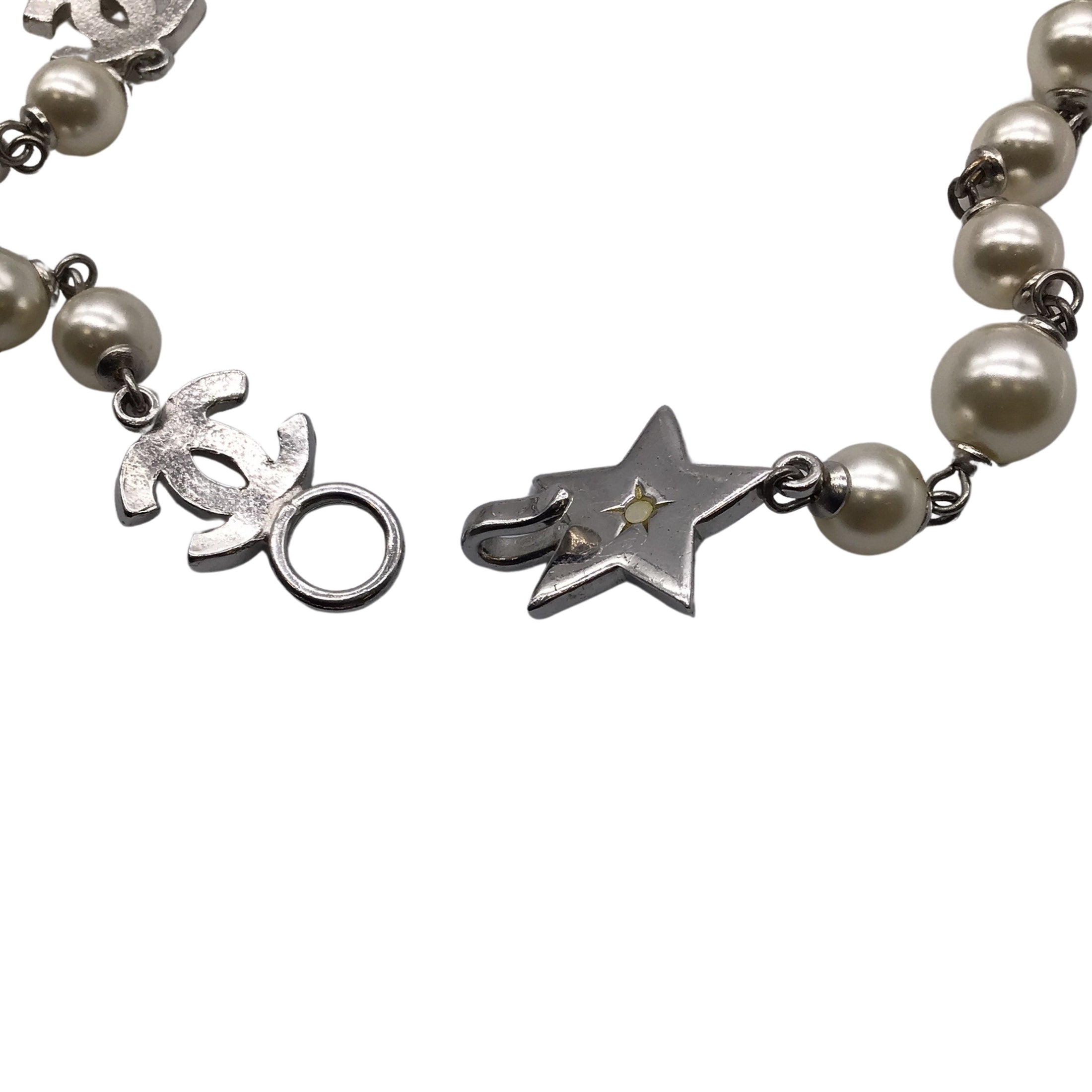 Chanel Cream / Silver 2006 CC Logo Faux Pearl and Strass Star Pendant Necklace