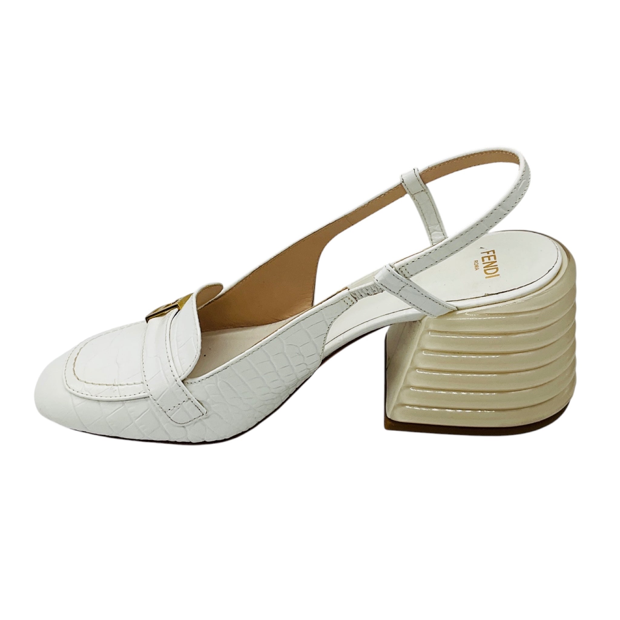 Fendi White / Gold FF Logo Plaque Croc Embossed Leather Block Heel Slingback Pumps