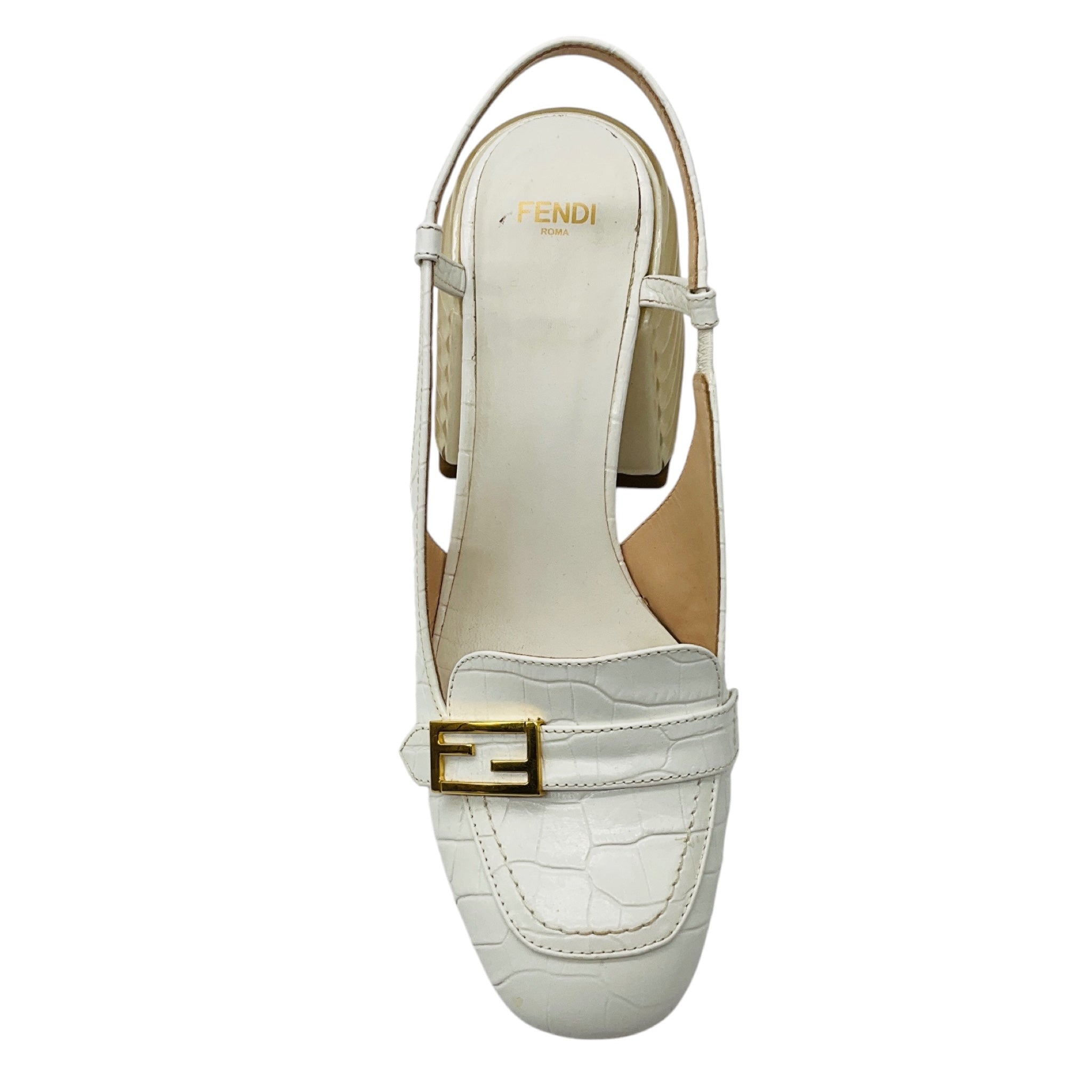 Fendi White / Gold FF Logo Plaque Croc Embossed Leather Block Heel Slingback Pumps