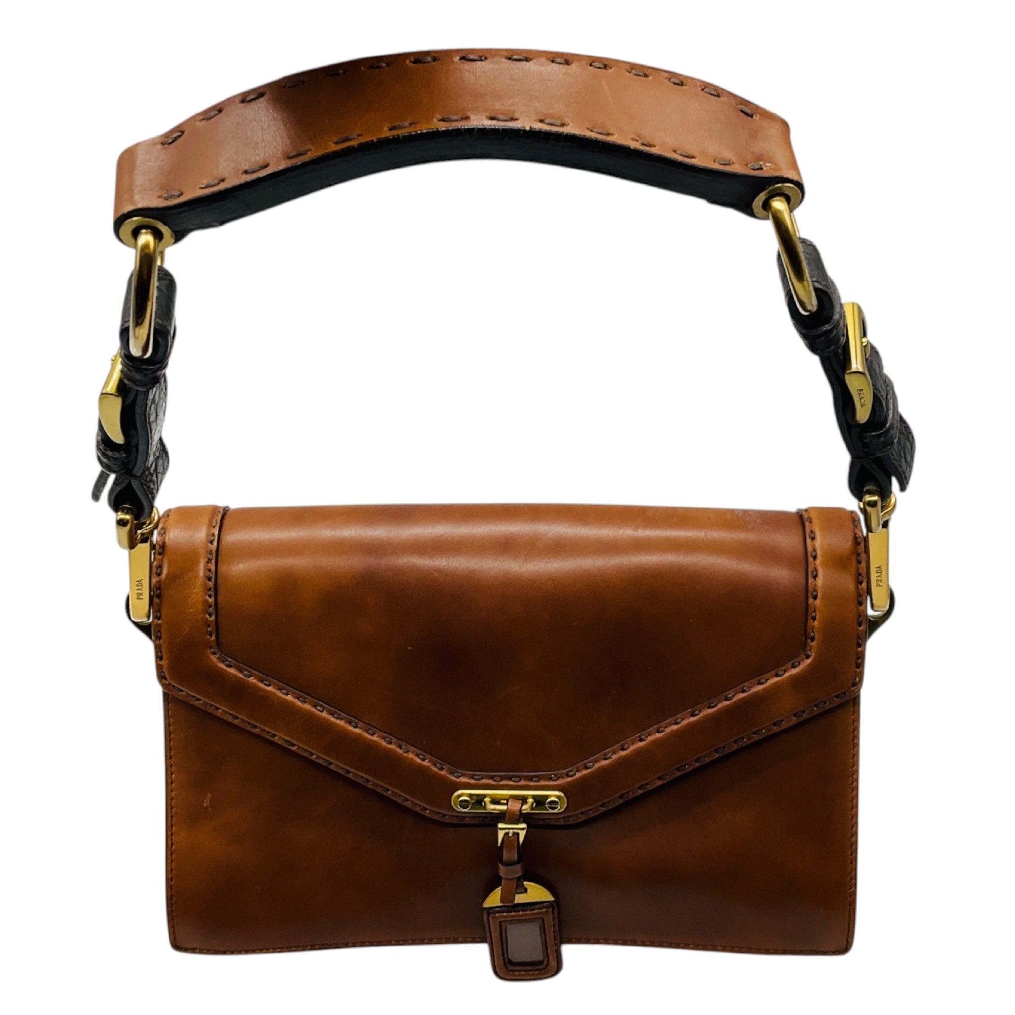 Prada Rare Brown Antik Calf Soun Cuoio Ebano Calfskin Leather Shoulder Bag with Logo Plaque