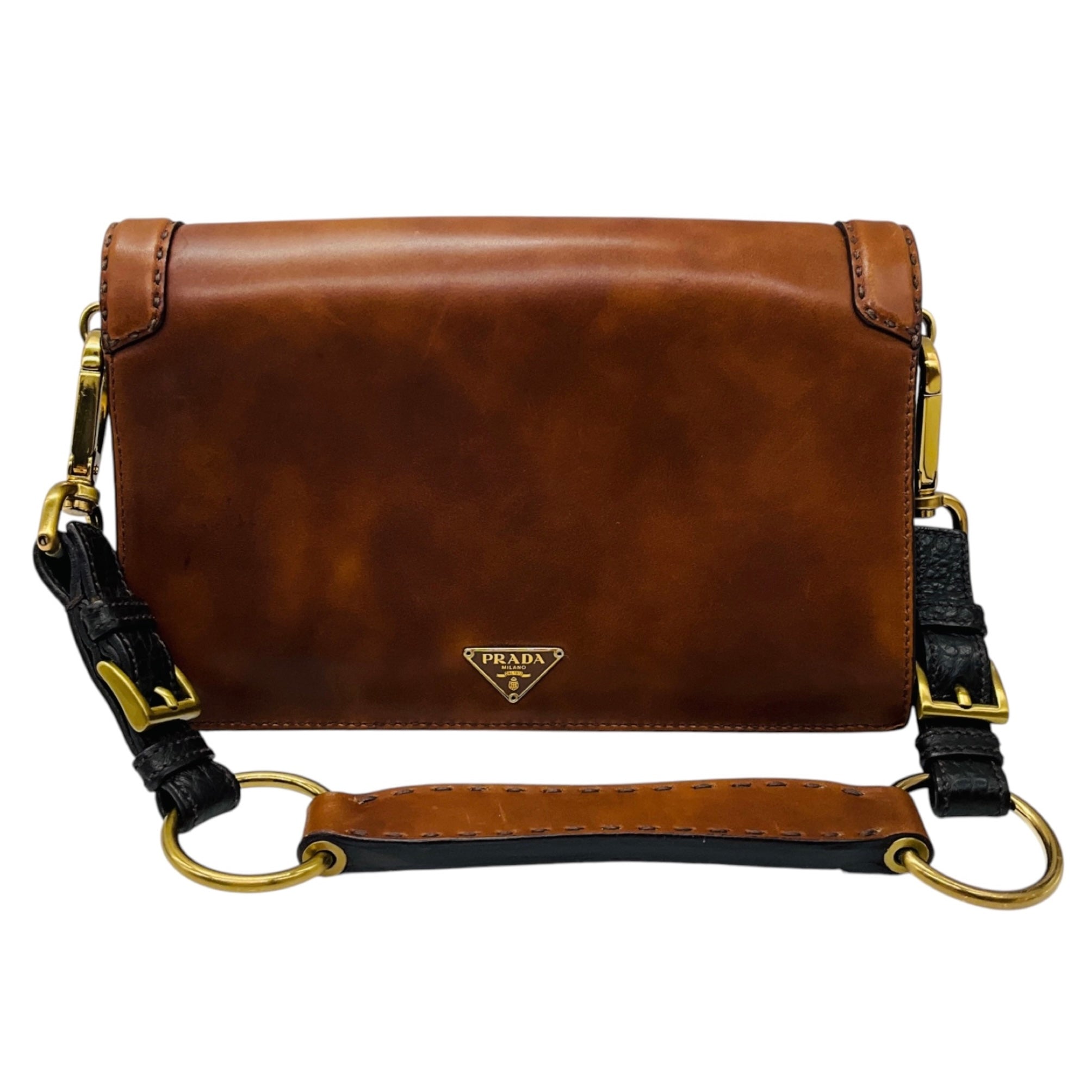 Prada Rare Brown Antik Calf Soun Cuoio Ebano Calfskin Leather Shoulder Bag with Logo Plaque
