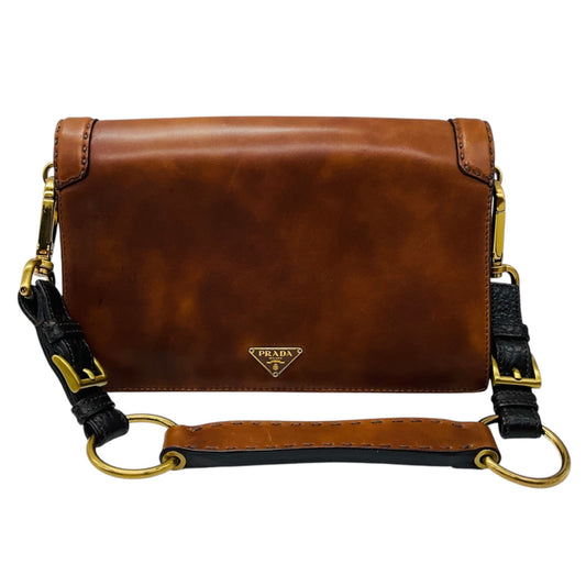 Prada Rare Brown Antik Calf Soun Cuoio Ebano Calfskin Leather Shoulder Bag with Logo Plaque