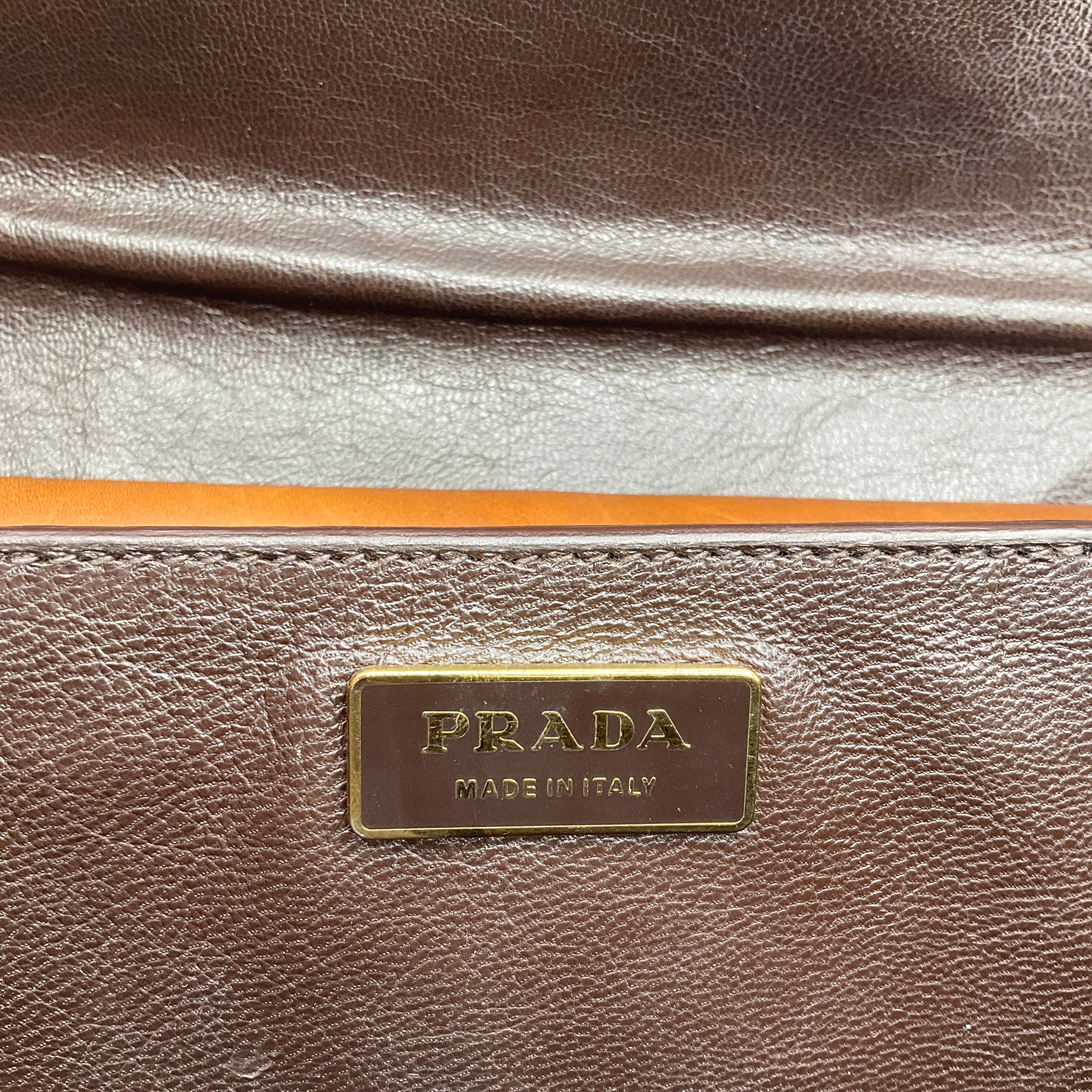 Prada Rare Brown Antik Calf Soun Cuoio Ebano Calfskin Leather Shoulder Bag with Logo Plaque