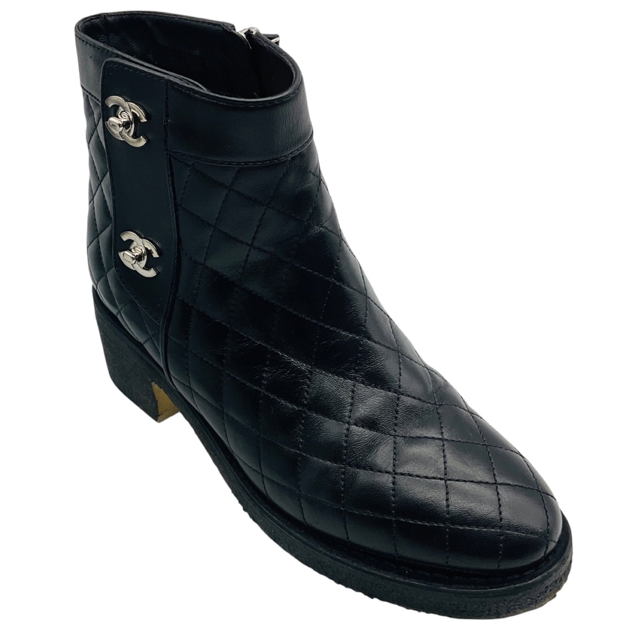 Chanel Black / Silver Cocomark Turnlock Quilted Calfskin Short Boots