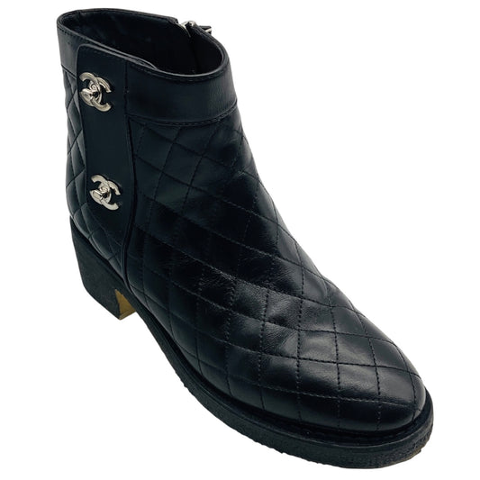 Chanel Black / Silver Cocomark Turnlock Quilted Calfskin Short Boots