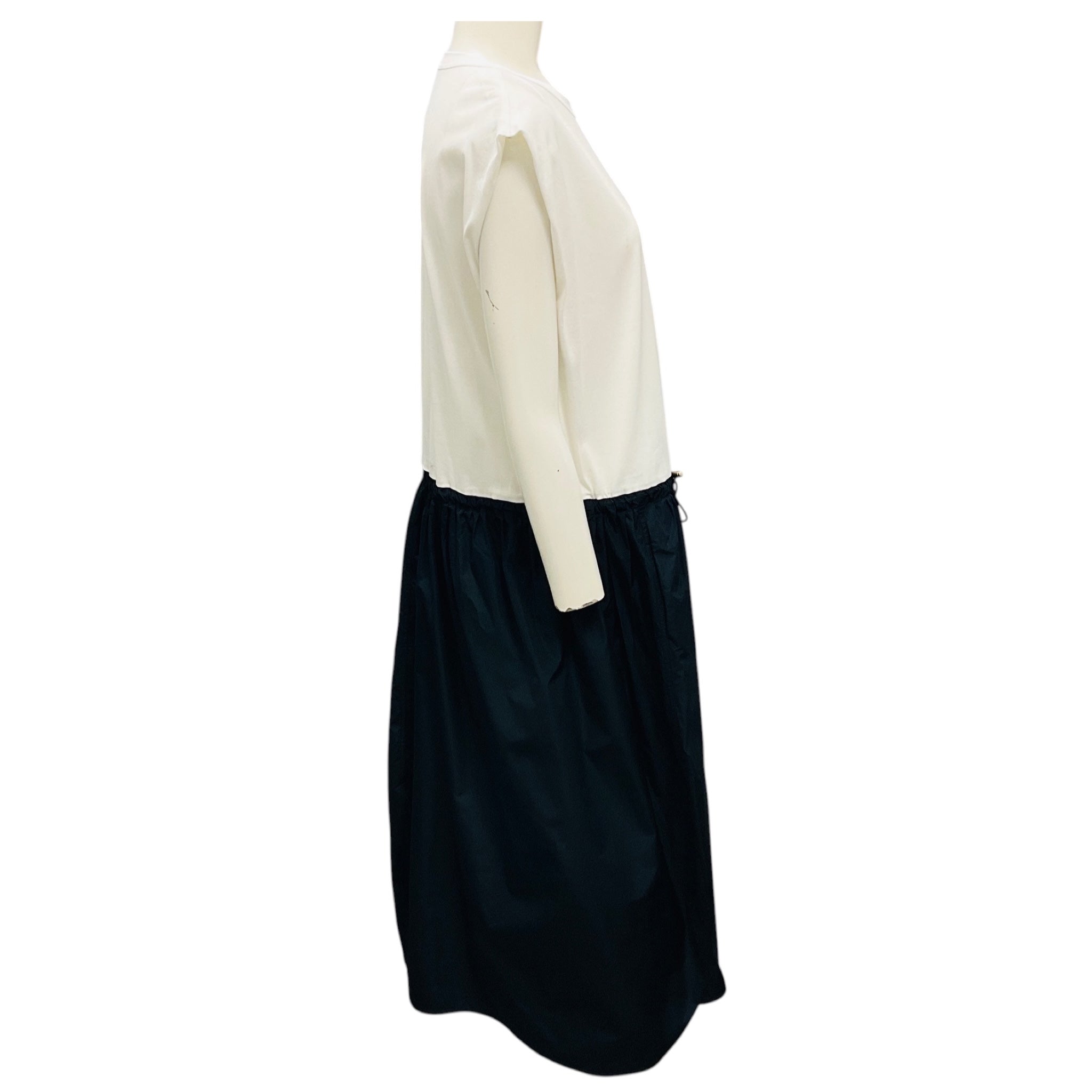 Fabiana Filippi White / Navy Blue Short Sleeved Cotton Jersey and Micro Drawstring Midi Dress
