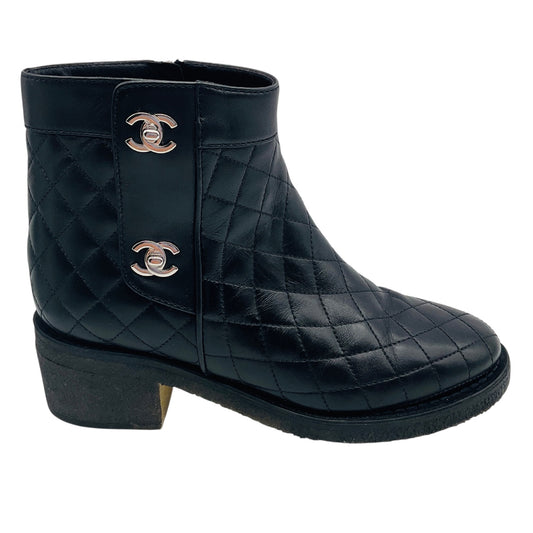 Chanel Black / Silver Cocomark Turnlock Quilted Calfskin Short Boots