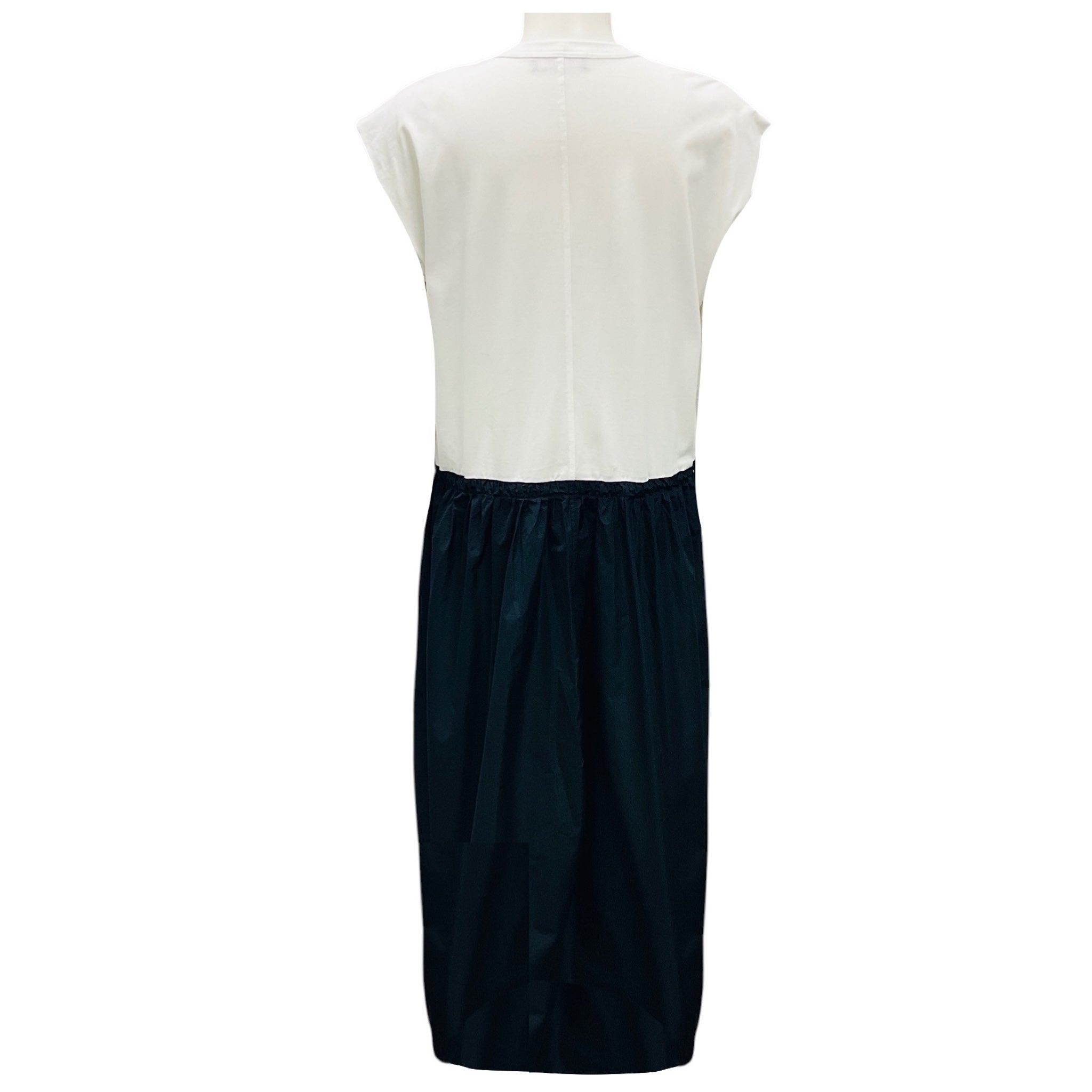 Fabiana Filippi White / Navy Blue Short Sleeved Cotton Jersey and Micro Drawstring Midi Dress