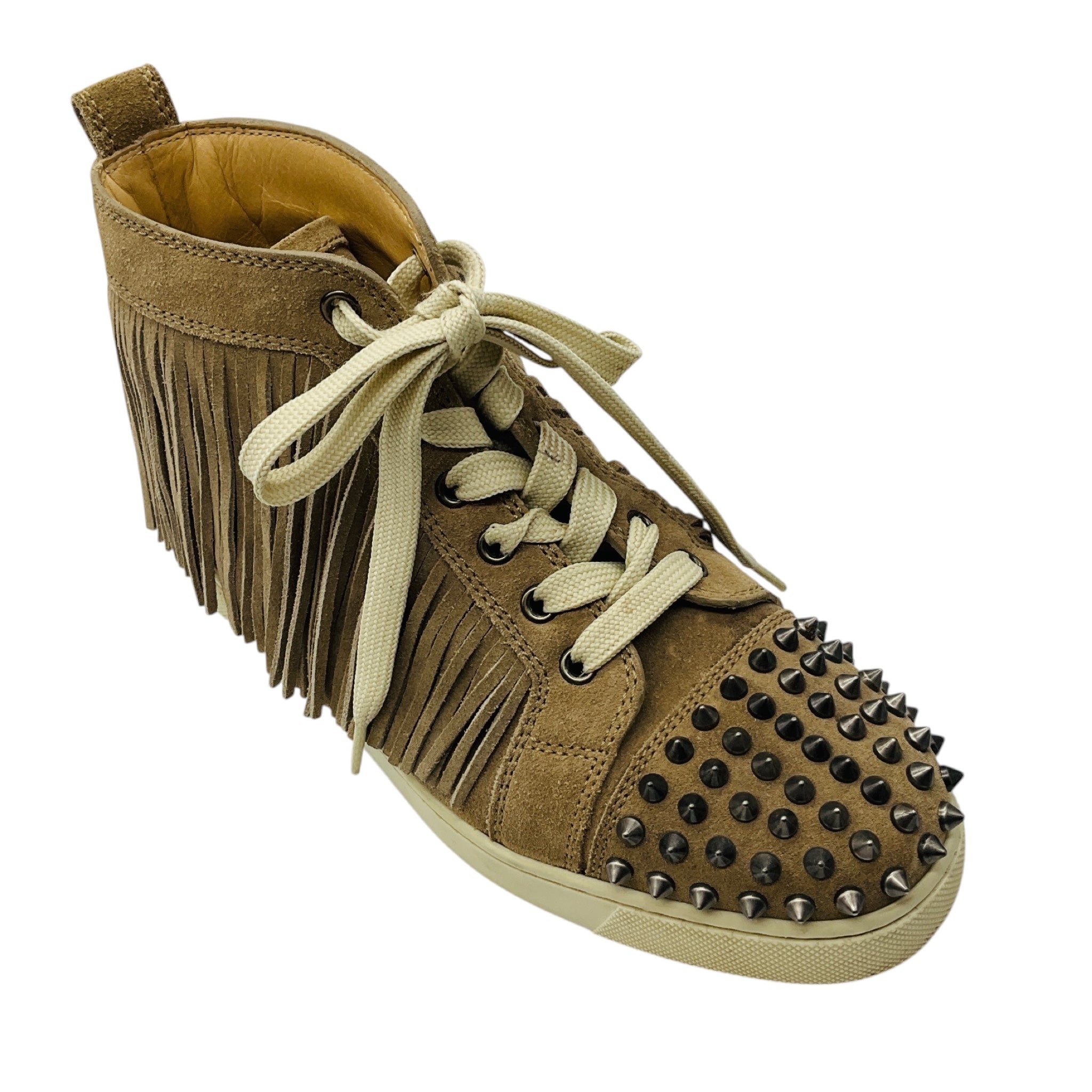 Christian Louboutin Beige Fringed and Spike Studded Suede High Top Sneakers