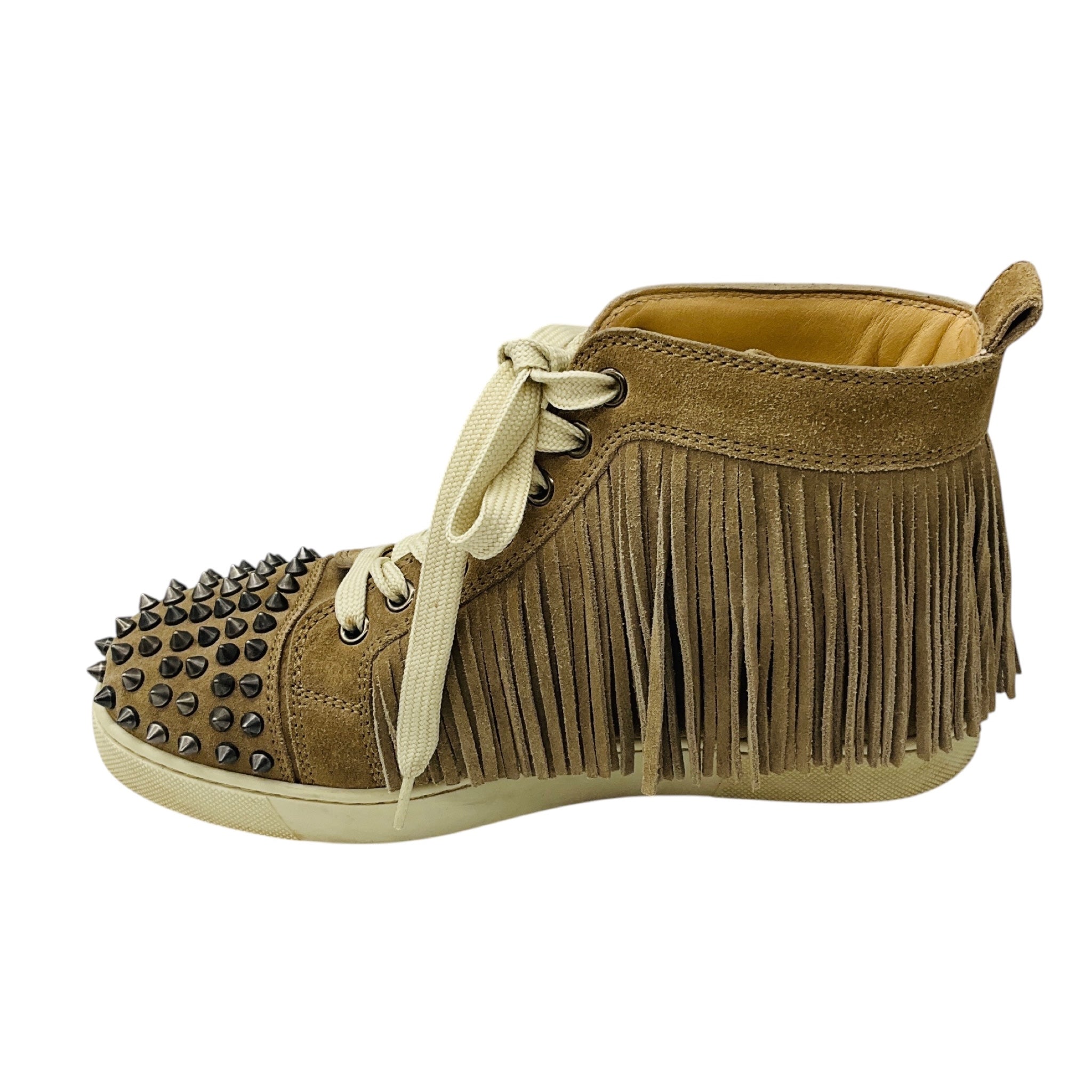 Christian Louboutin Beige Fringed and Spike Studded Suede High Top Sneakers