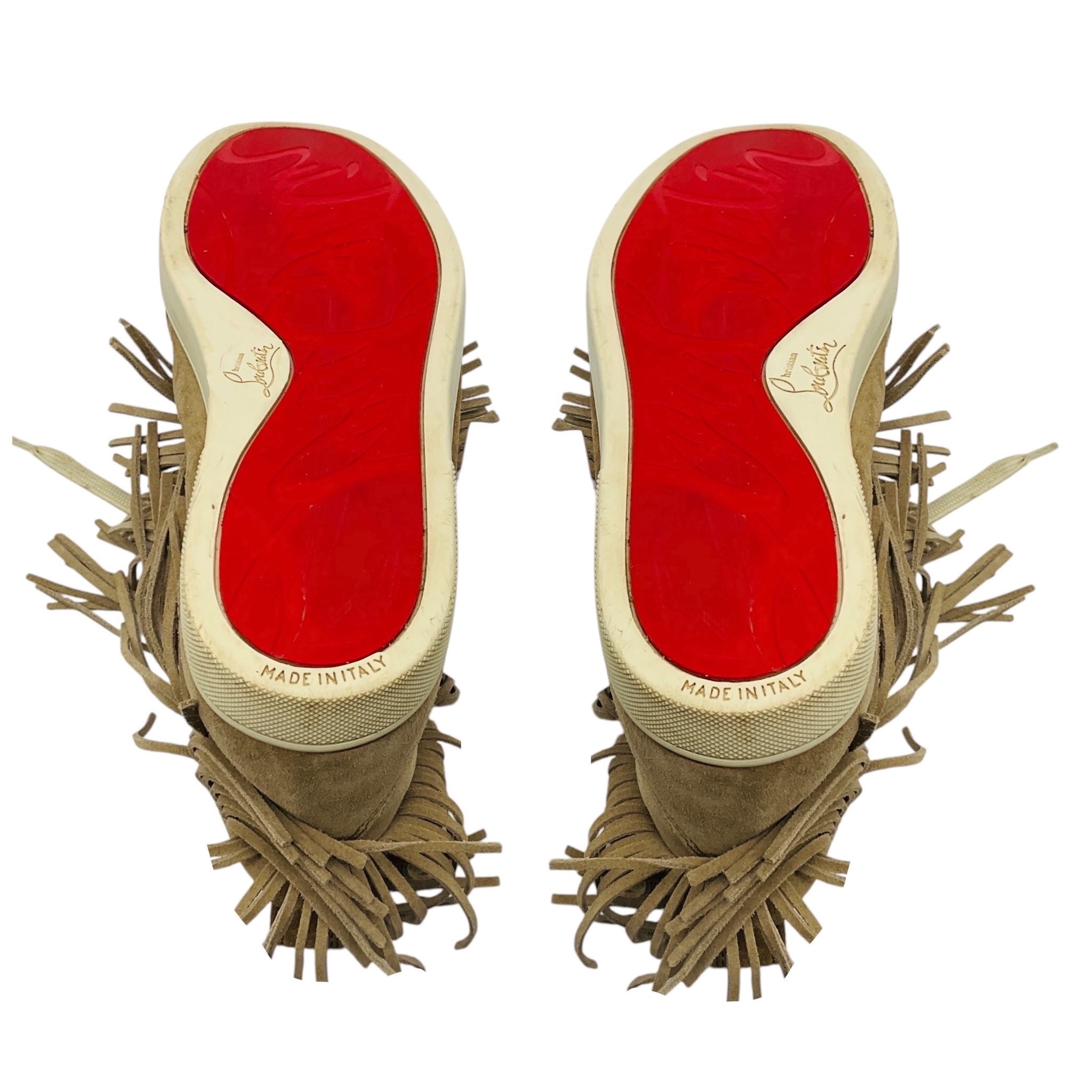 Christian Louboutin Beige Fringed and Spike Studded Suede High Top Sneakers