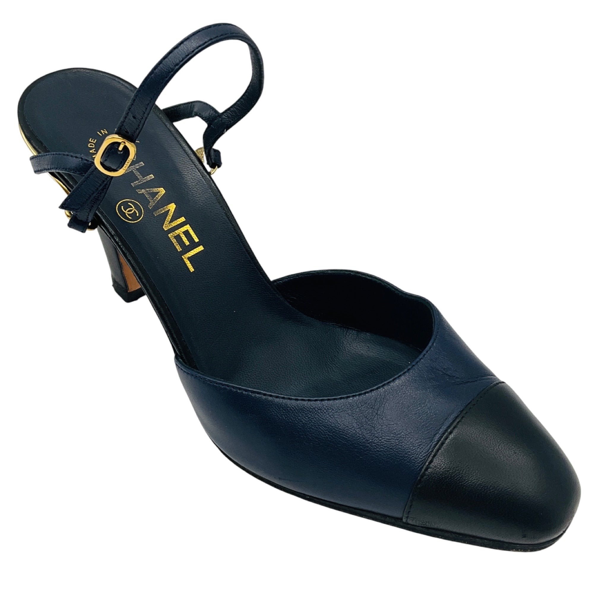 Chanel Navy / Black Bicolor CC Cap Toe Slingback Pump