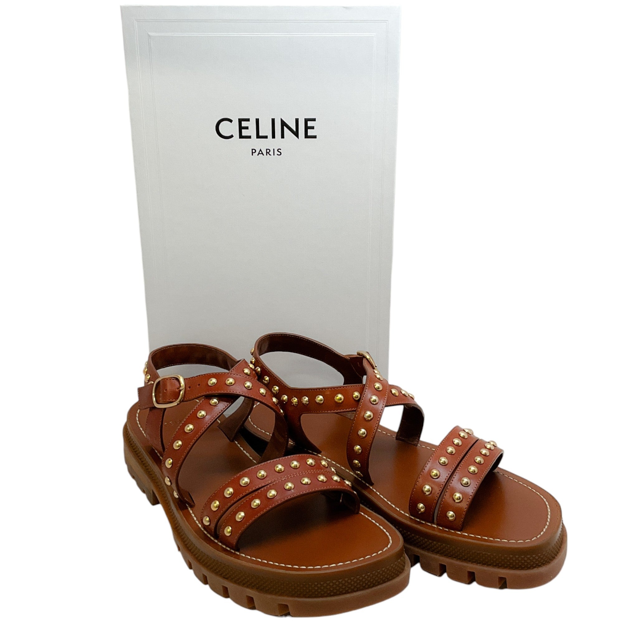 Celine Cognac Leather Chunky Studded Sandals