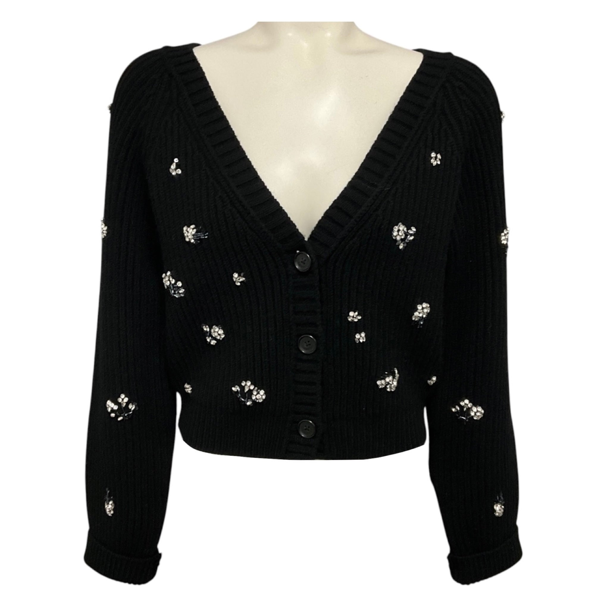 Simkhai Black Crystal Embellished Wool and Cashmere Knit Cardigan Sweater