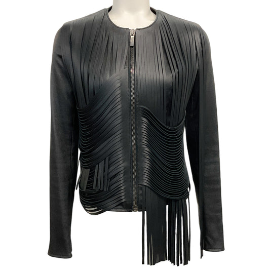Nour Hammour Black Leather Fringe Jacket
