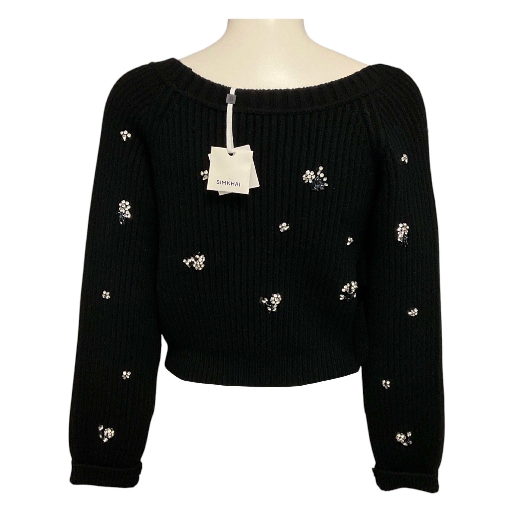 Simkhai Black Crystal Embellished Wool and Cashmere Knit Cardigan Sweater