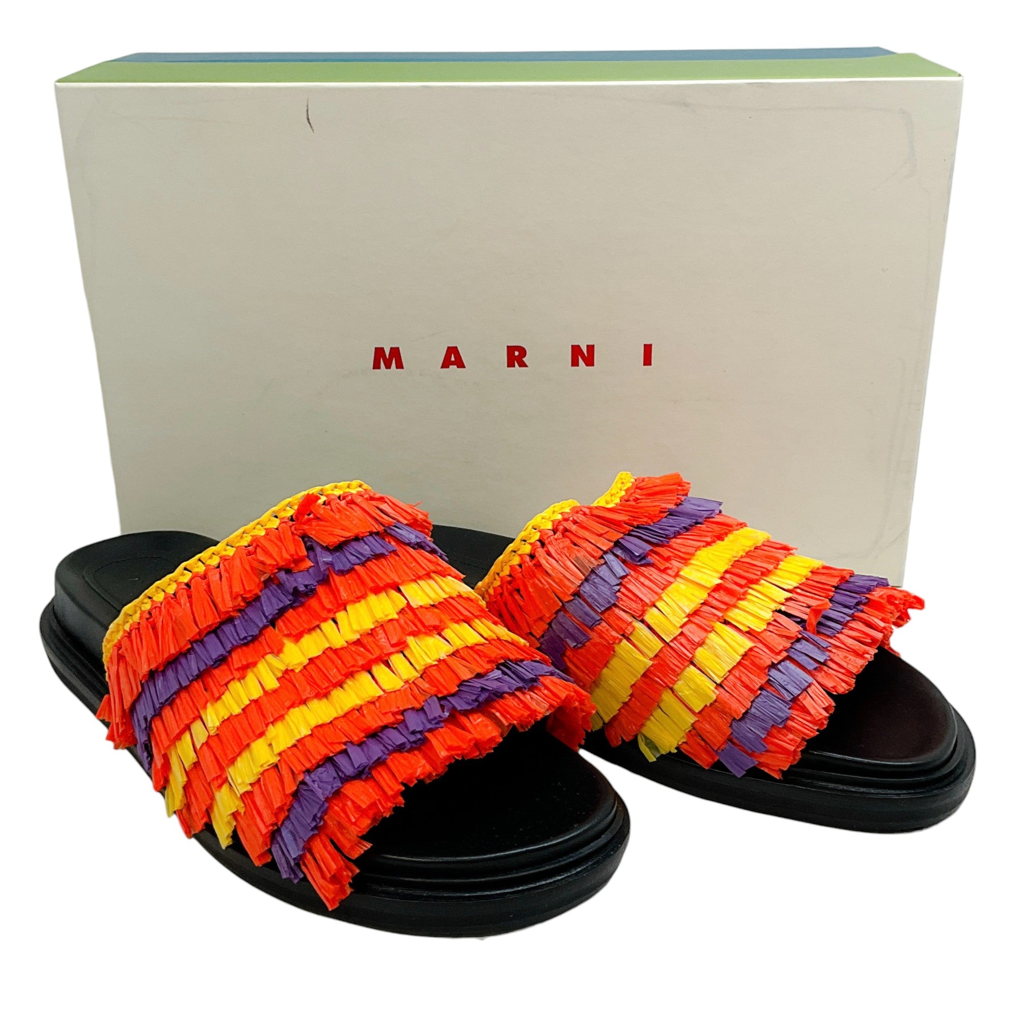 Marni Orange Multi Raffia Fringe Slide Sandals