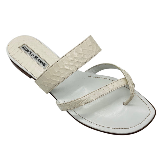 Manolo Blahnik White Python Skin Leather Flat Slide Sandals