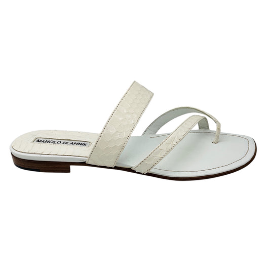 Manolo Blahnik White Python Skin Leather Flat Slide Sandals