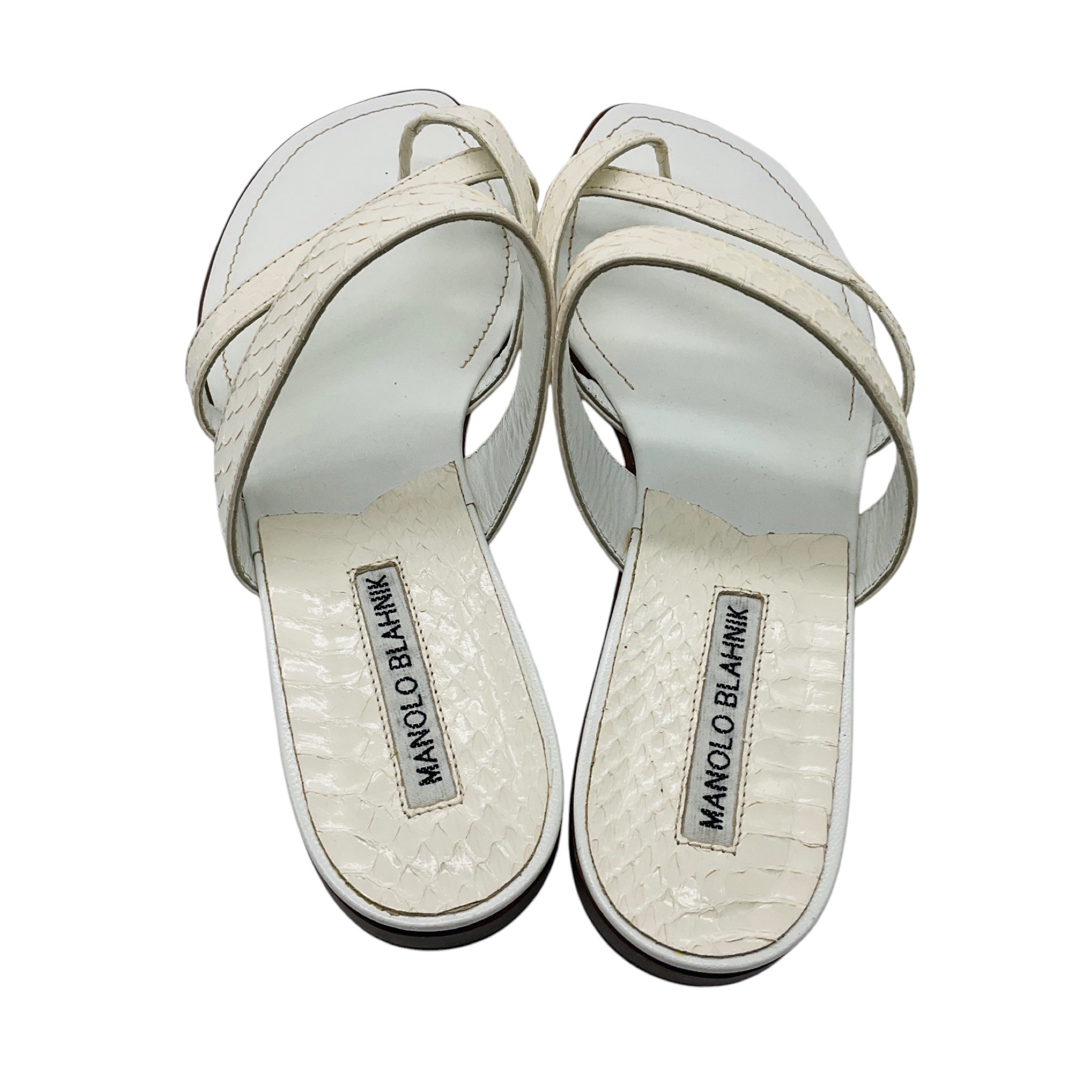 Manolo Blahnik White Python Skin Leather Flat Slide Sandals