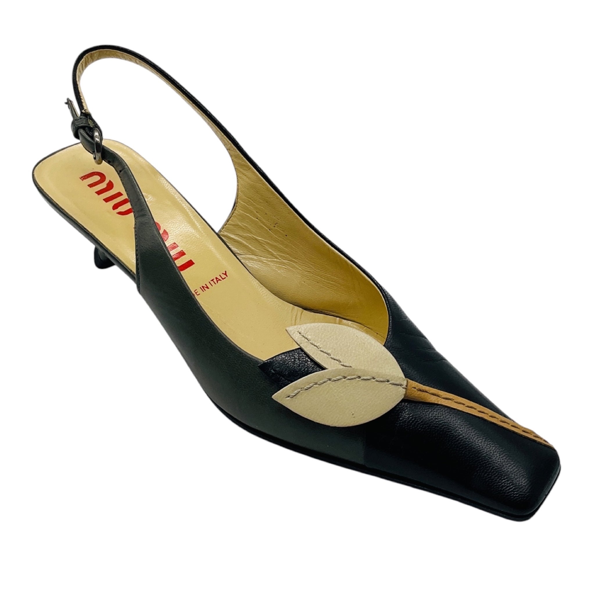 Miu Miu Black / Beige / Tan / Grey Petal Detail Leather Low Heel Slingback Pumps