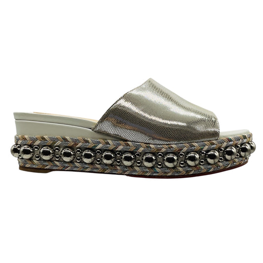 Christian Louboutin Silver Metallic Studded Slide Sandals