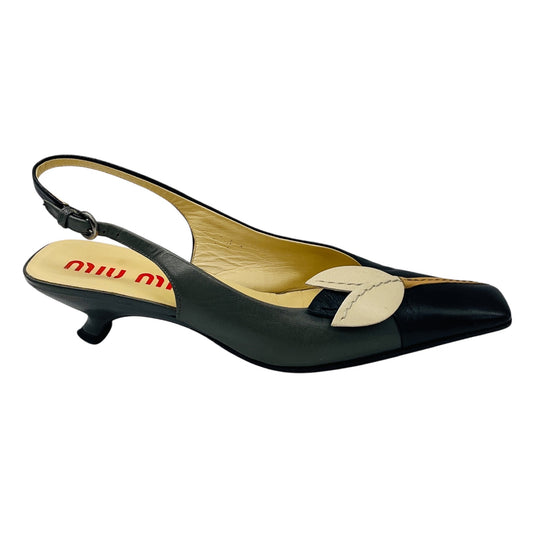 Miu Miu Black / Beige / Tan / Grey Petal Detail Leather Low Heel Slingback Pumps