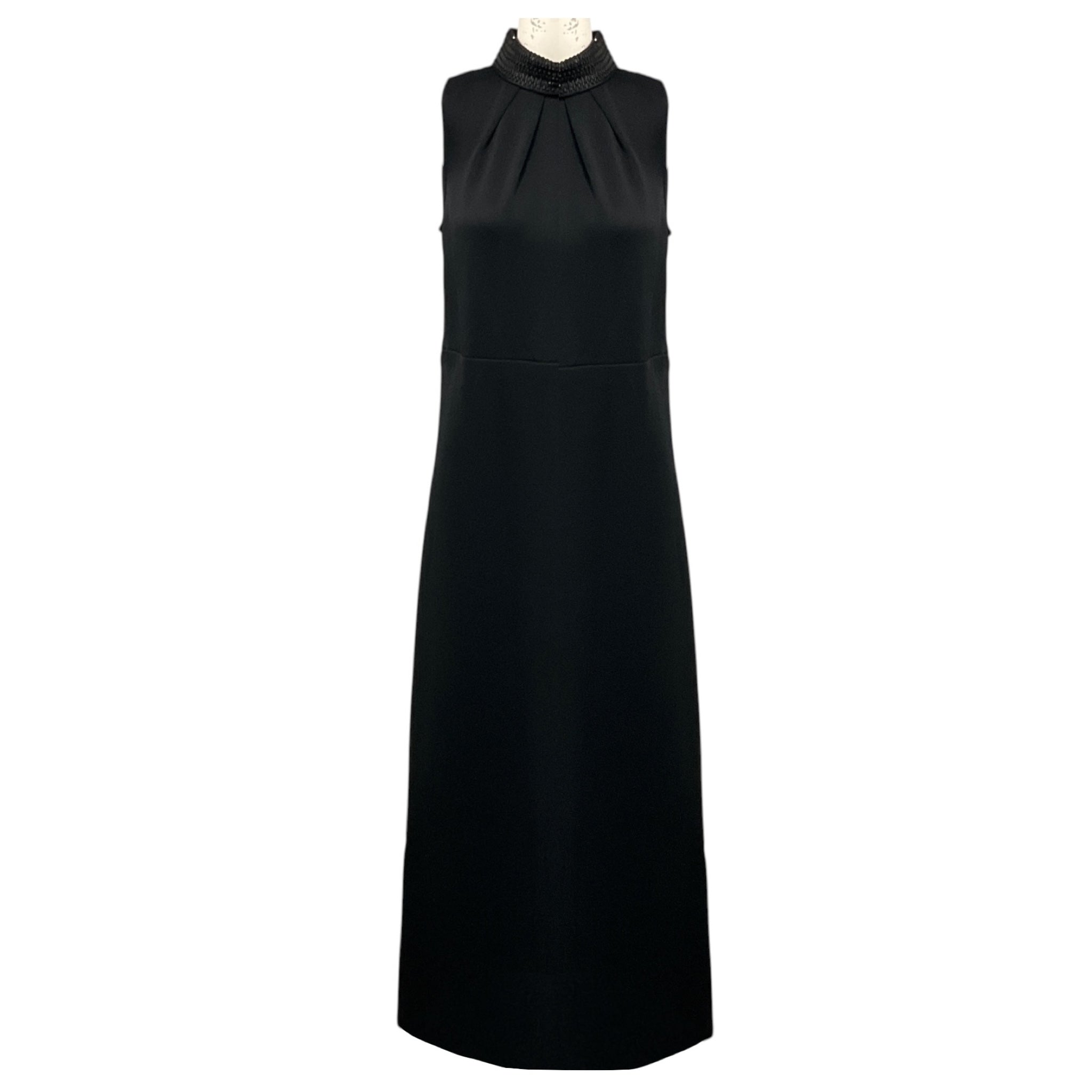 St. John Black Rhinestone Embellished Collar Sleeveless Stretch Knit Maxi Dress