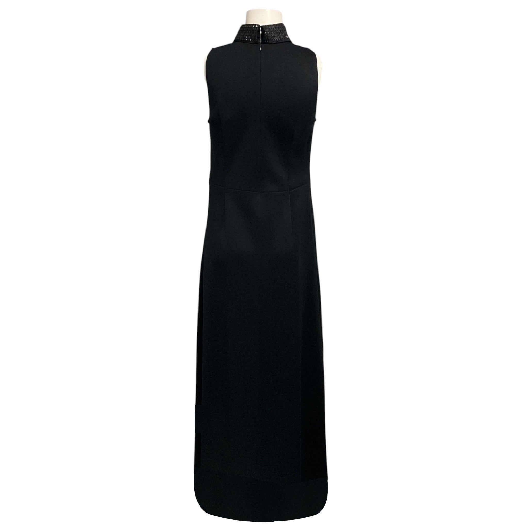 St. John Black Rhinestone Embellished Collar Sleeveless Stretch Knit Maxi Dress